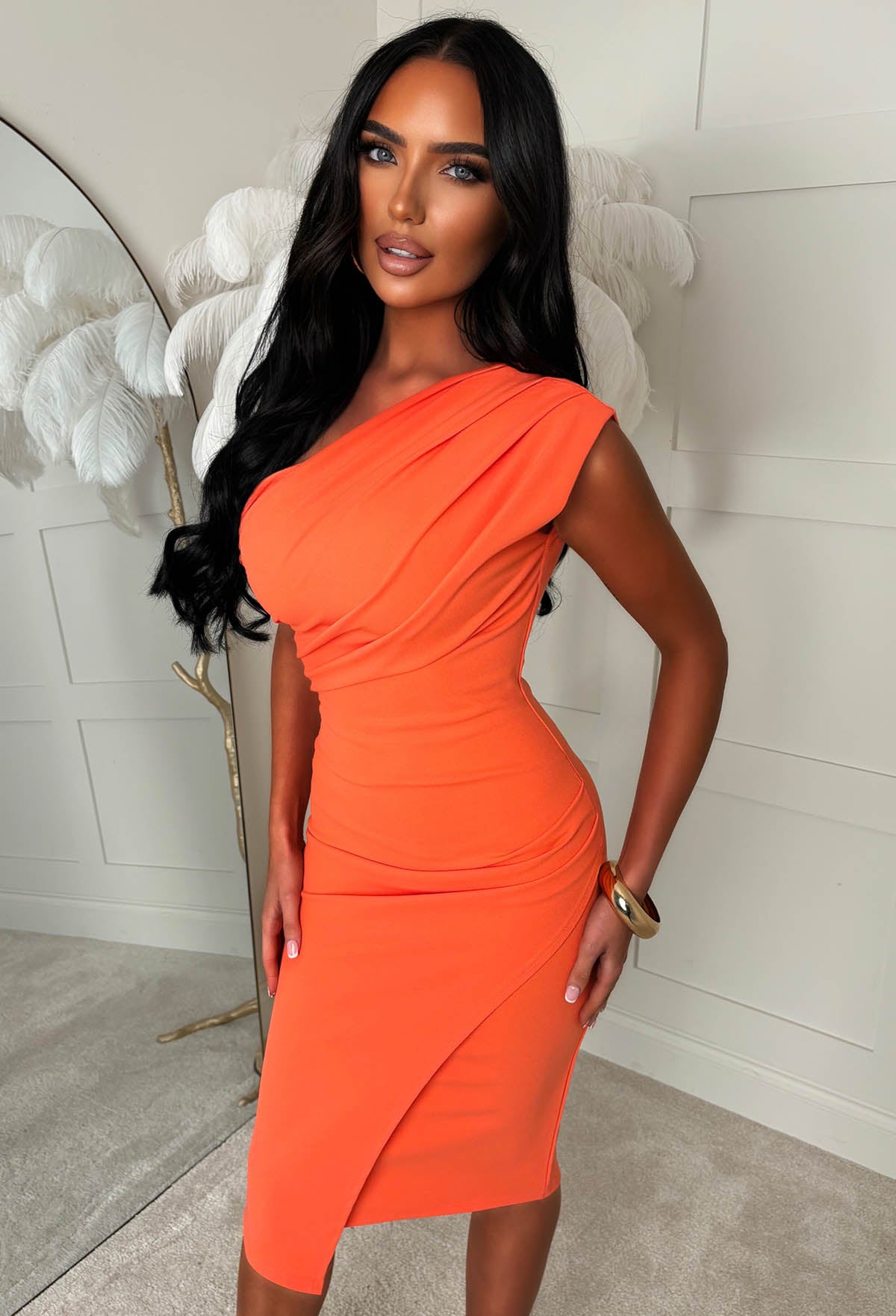 Sister's Stunning Coral Off Shoulder Ruched Midi Dress