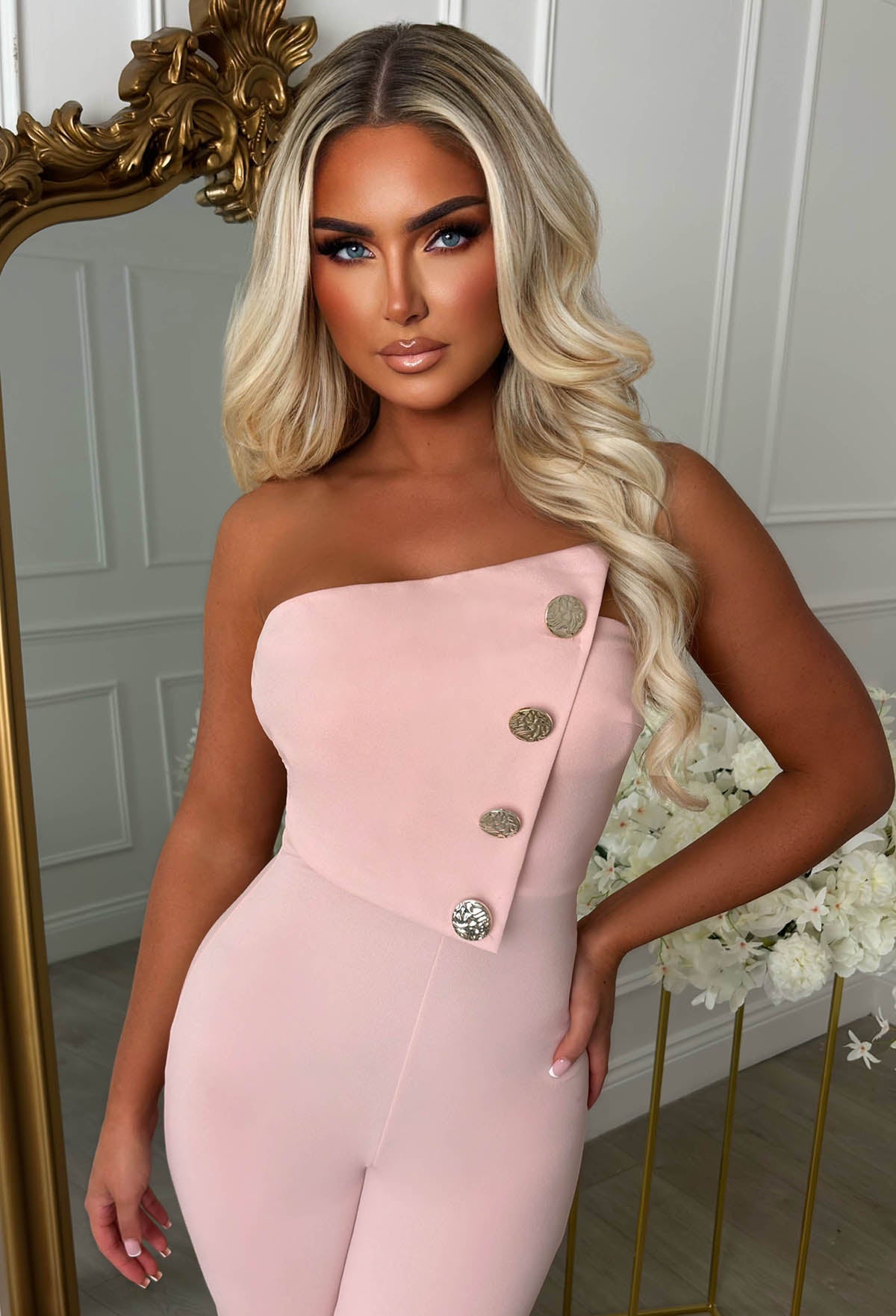 Slay Bae Pink Button Bandeau Jumpsuit