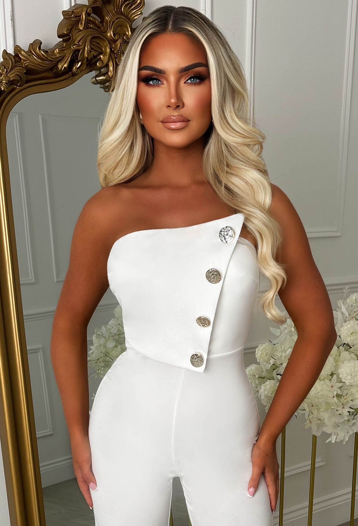 Slay Bae White Button Bandeau Jumpsuit