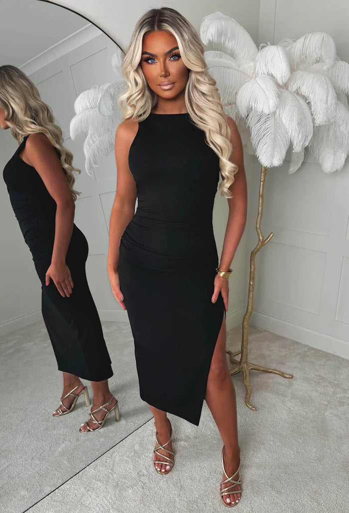 black dress pink boutique Cut It Out Black Mesh Panel Midi Dress