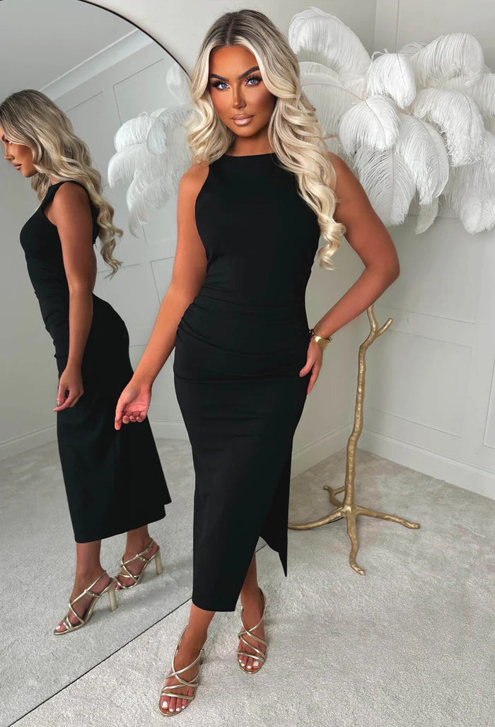 New Era Black Side Split Slash Neck Dress