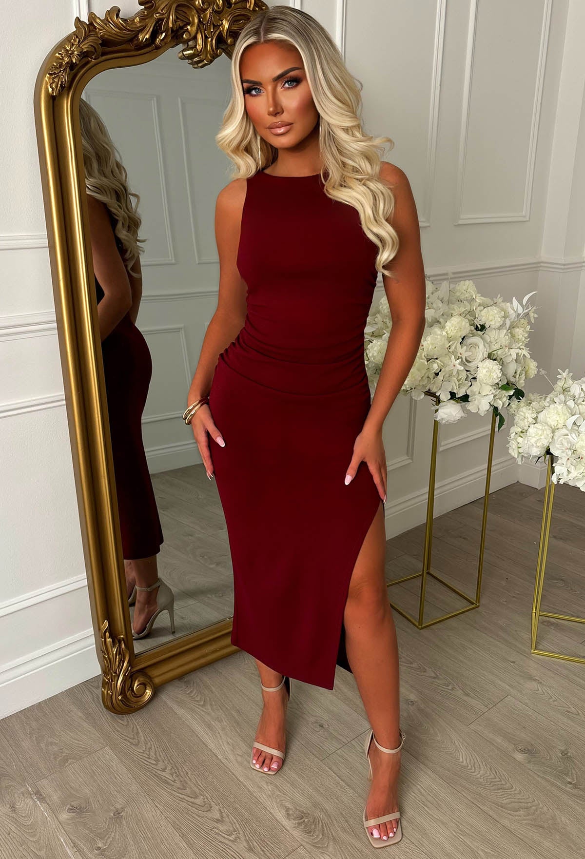 Slay Era Burgundy Side Split Slash Neck Dress