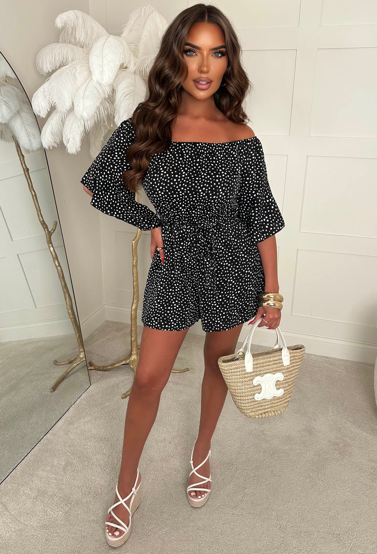 Slaycation Mode Black Polka Dot Bardot Playsuit