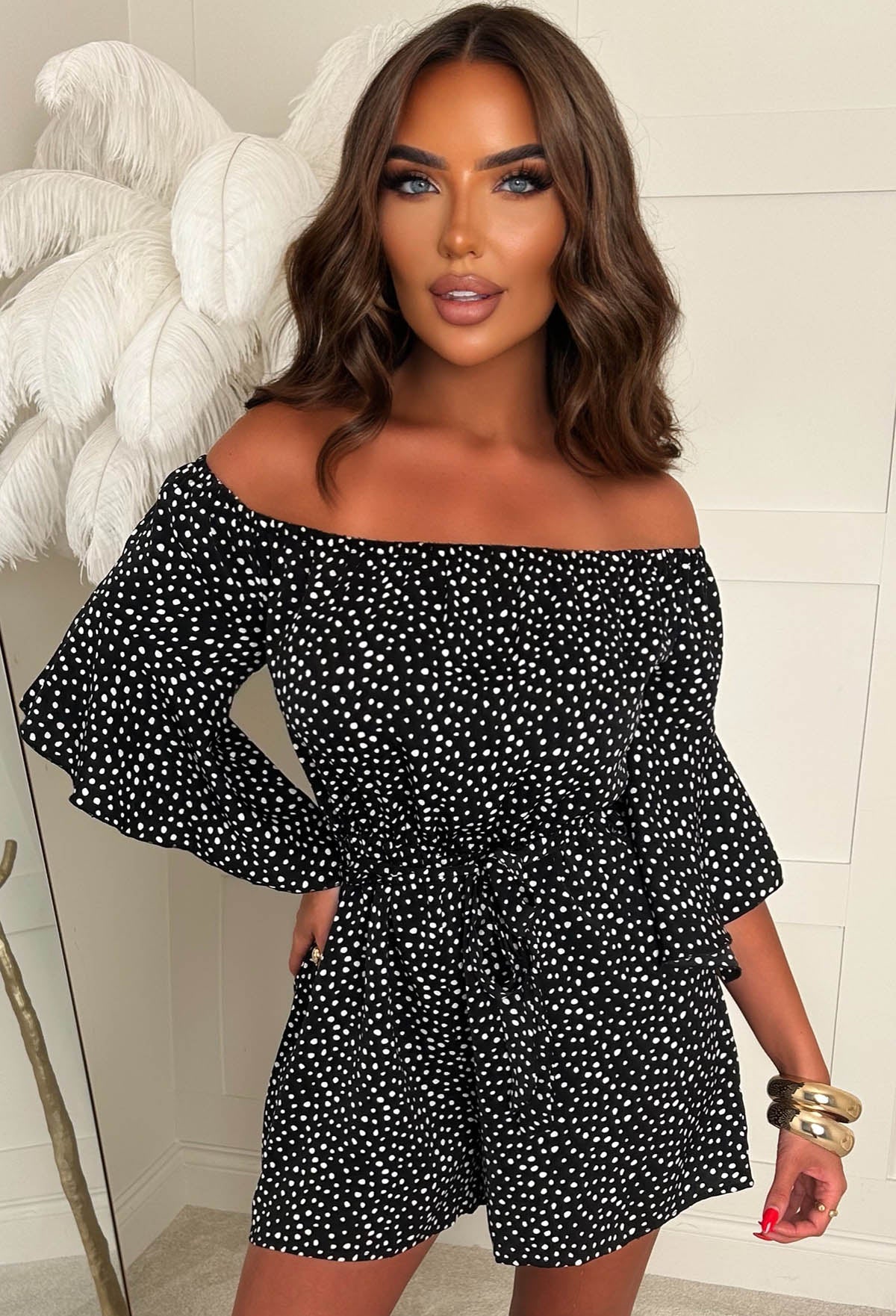 Slaycation Mode Black Polka Dot Bardot Playsuit