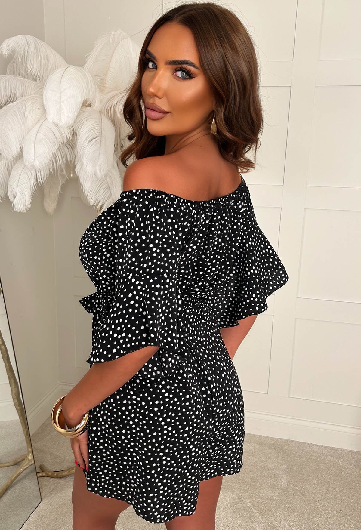 Slaycation Mode Black Polka Dot Bardot Playsuit