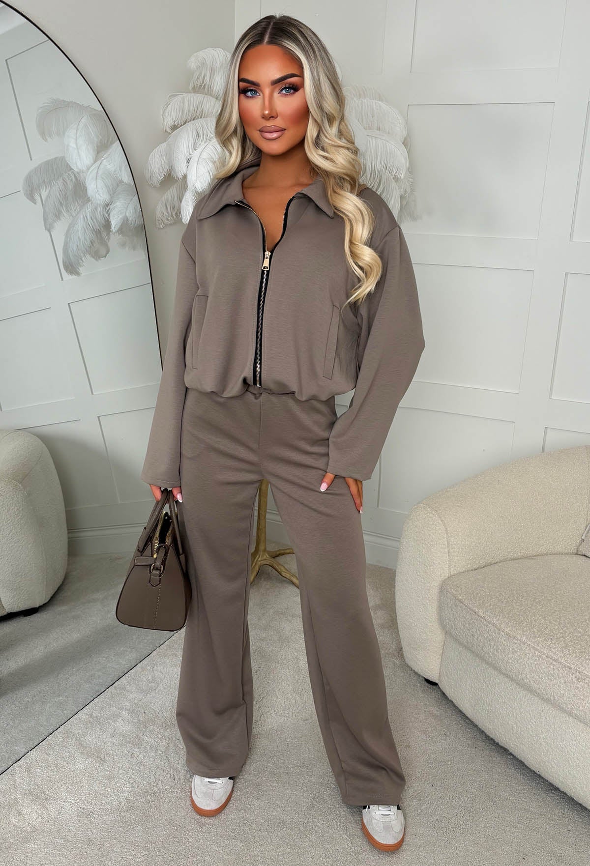 Sleek Snug Taupe Zip Up Lounge Set