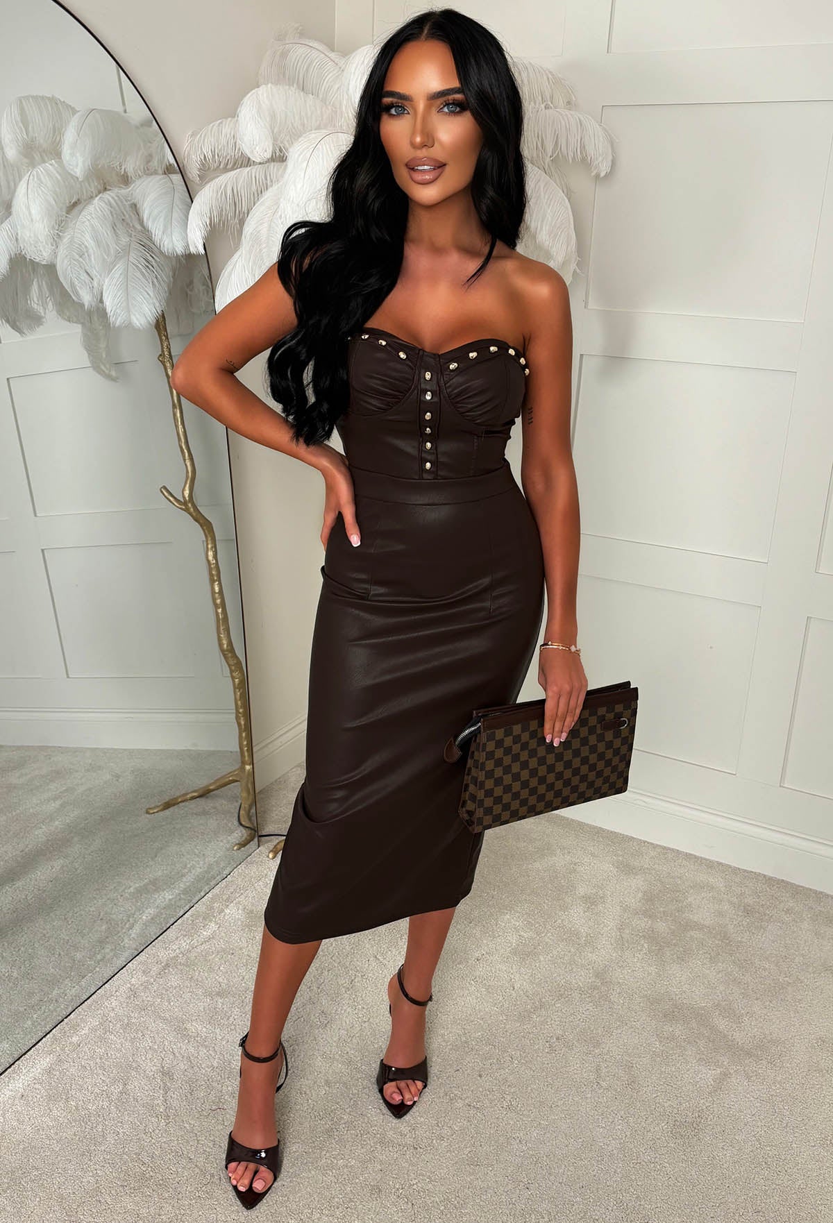 Slick Chick Chocolate Brown Faux Leather Bandeau Pencil Dress