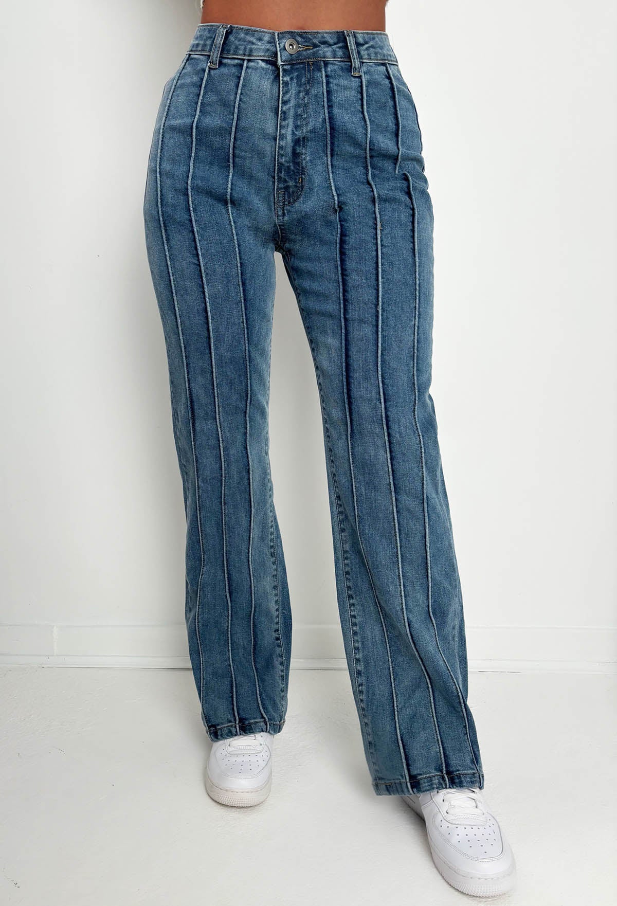 Slim Pickings Mid Wash Stitch Seamed Stretch Straight Leg Jeans