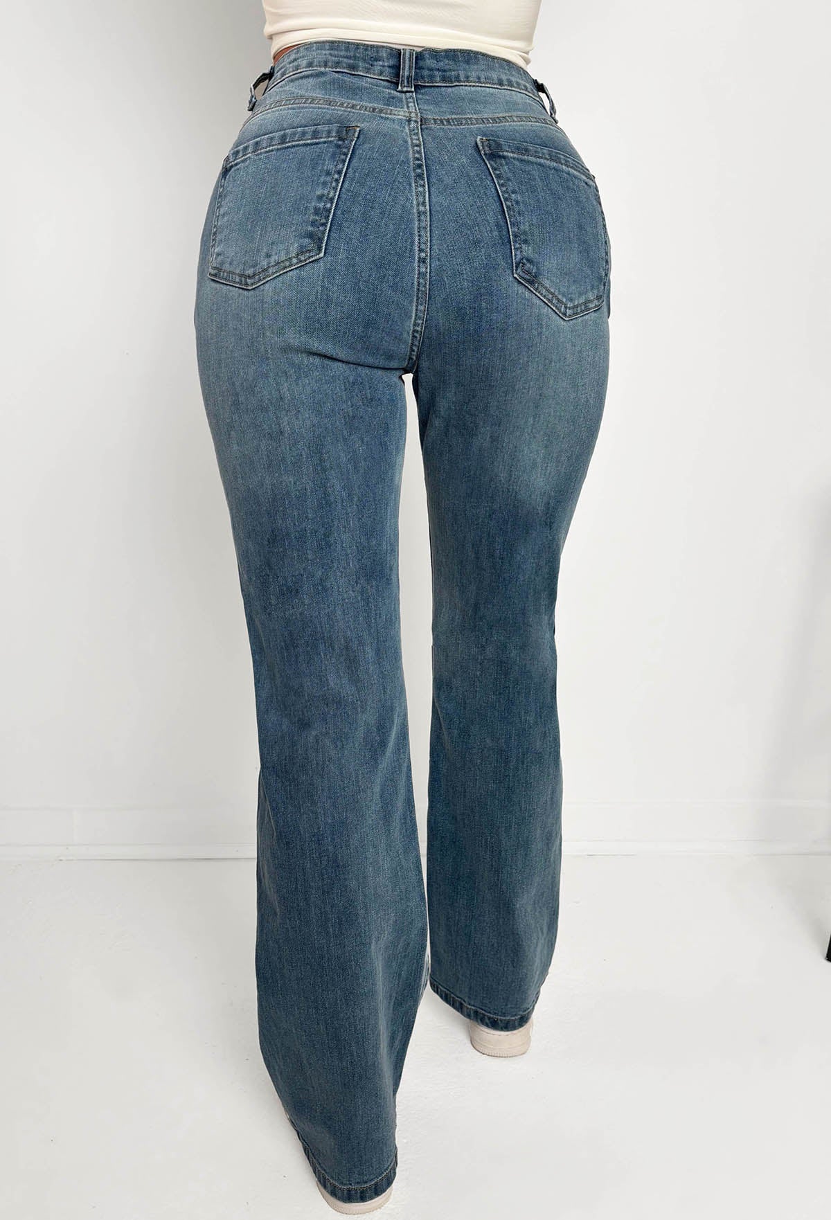 Slim Pickings Mid Wash Stitch Seamed Stretch Straight Leg Jeans