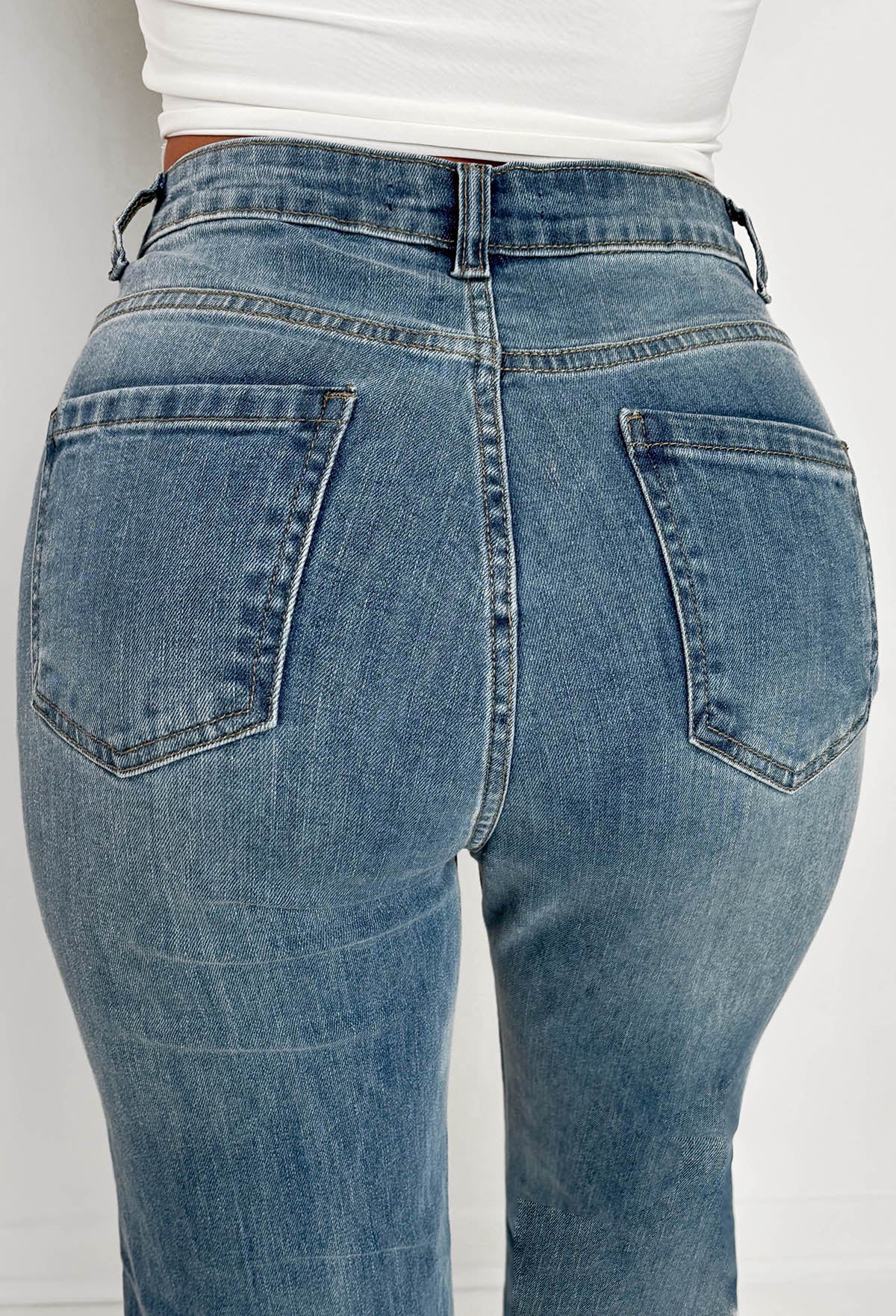 Slim Pickings Mid Wash Stitch Seamed Stretch Straight Leg Jeans