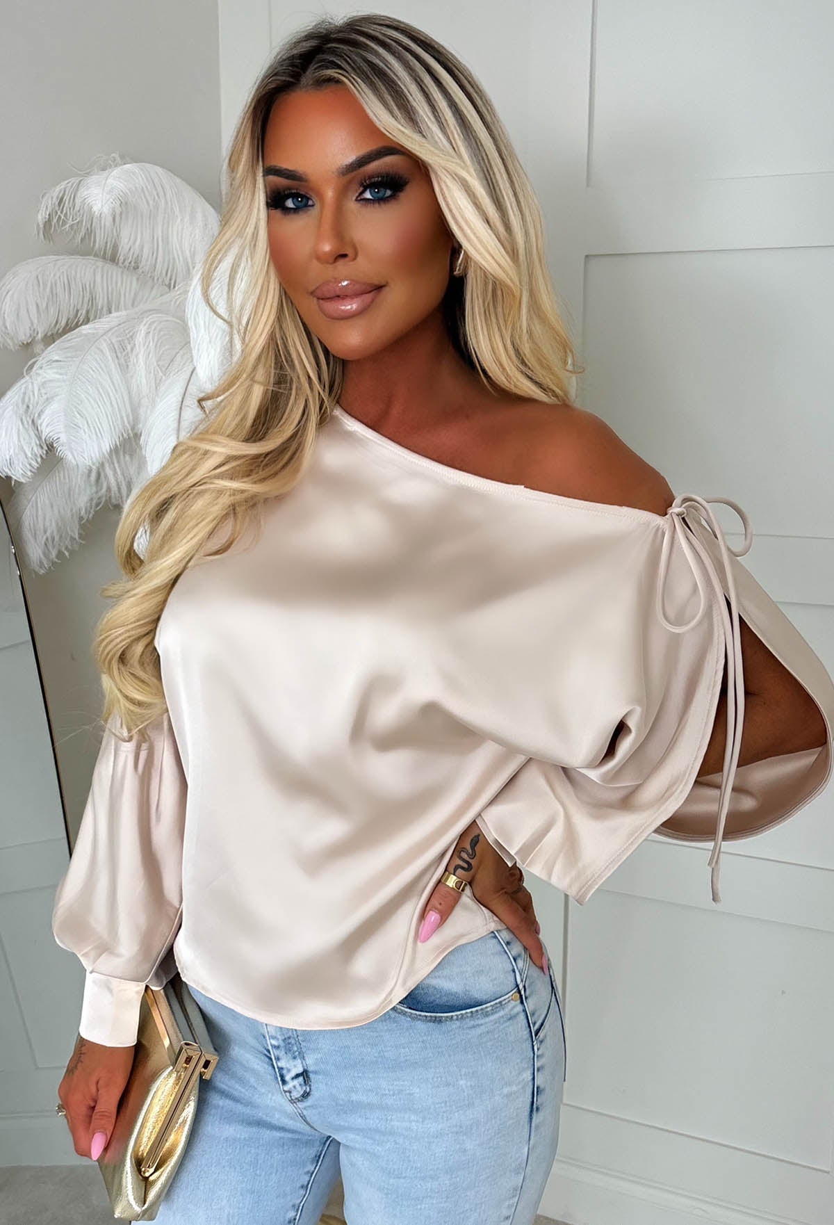 Smooth Operator Beige Satin Off The Shoulder Tie Top