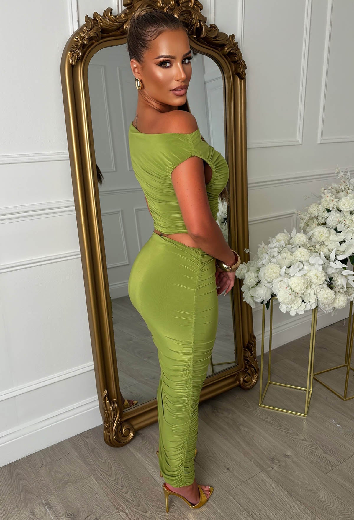 Snatch You Up Green Ruched Double Slinky Co-Ord Set