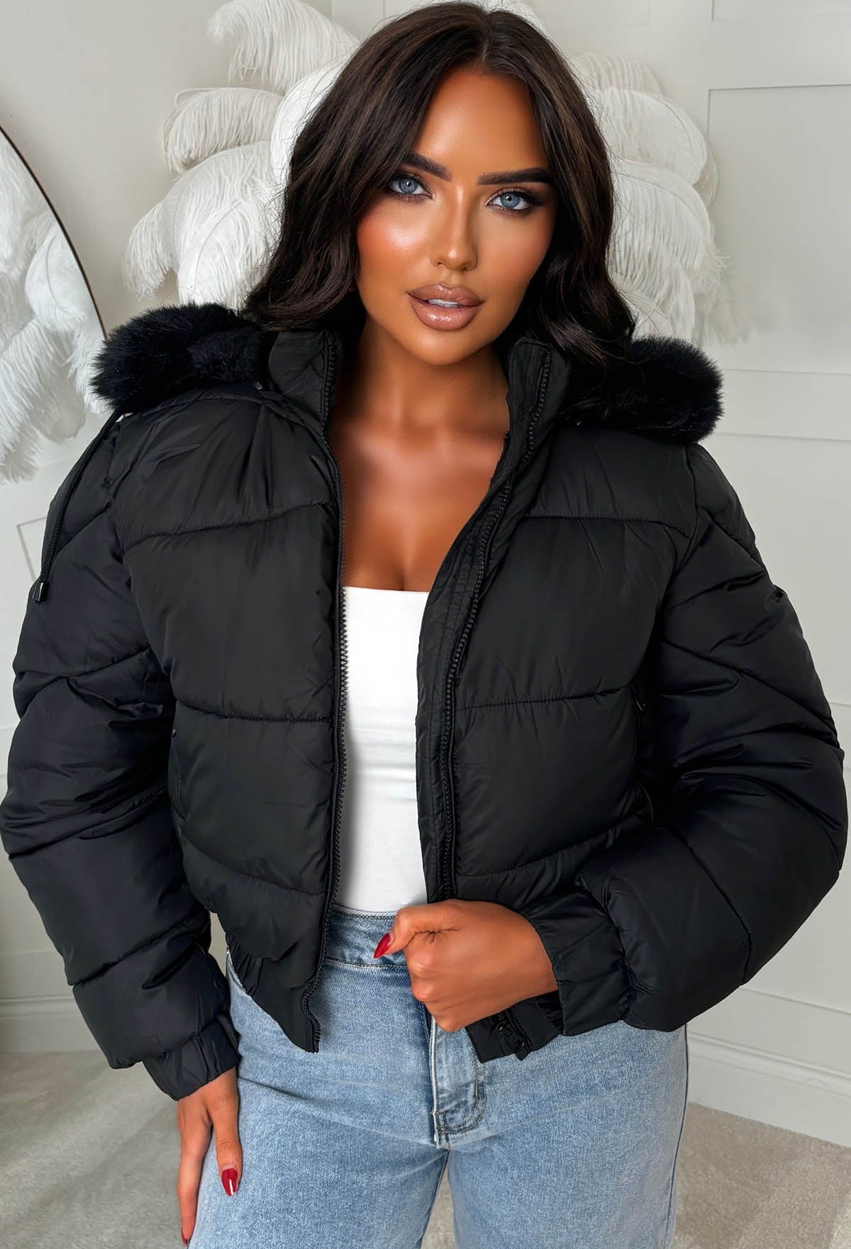 Snug Shadow Black Cropped Faux Fur Lined Padded Coat