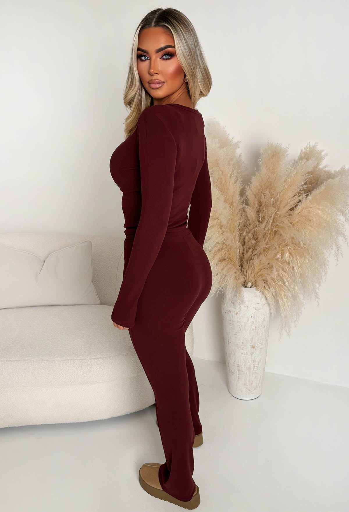 Snug Time Burgundy Square Neck Soft Top & Trousers Lounge Co-Ord Set
