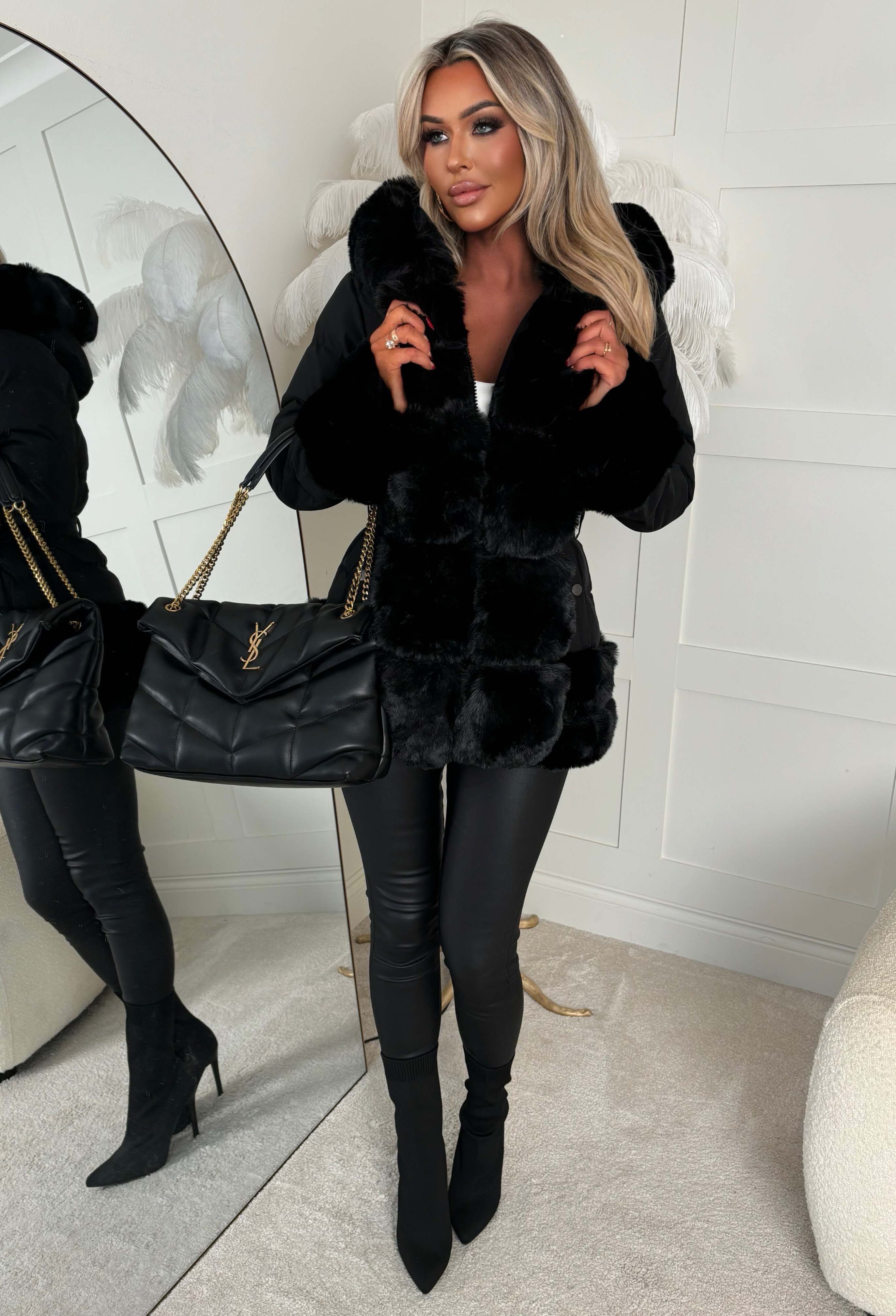 Snuggle Season Black Faux Fur Belted Padded Coat