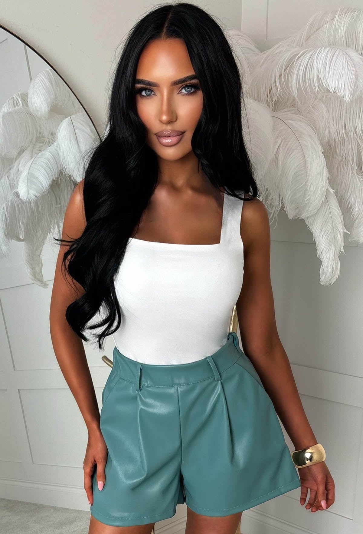 So Cute Petrol Blue Tailored Stretch Waistband Faux Leather Shorts