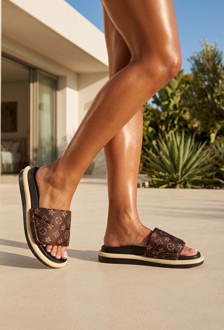 So Sassy Brown Monogram Satin Sliders