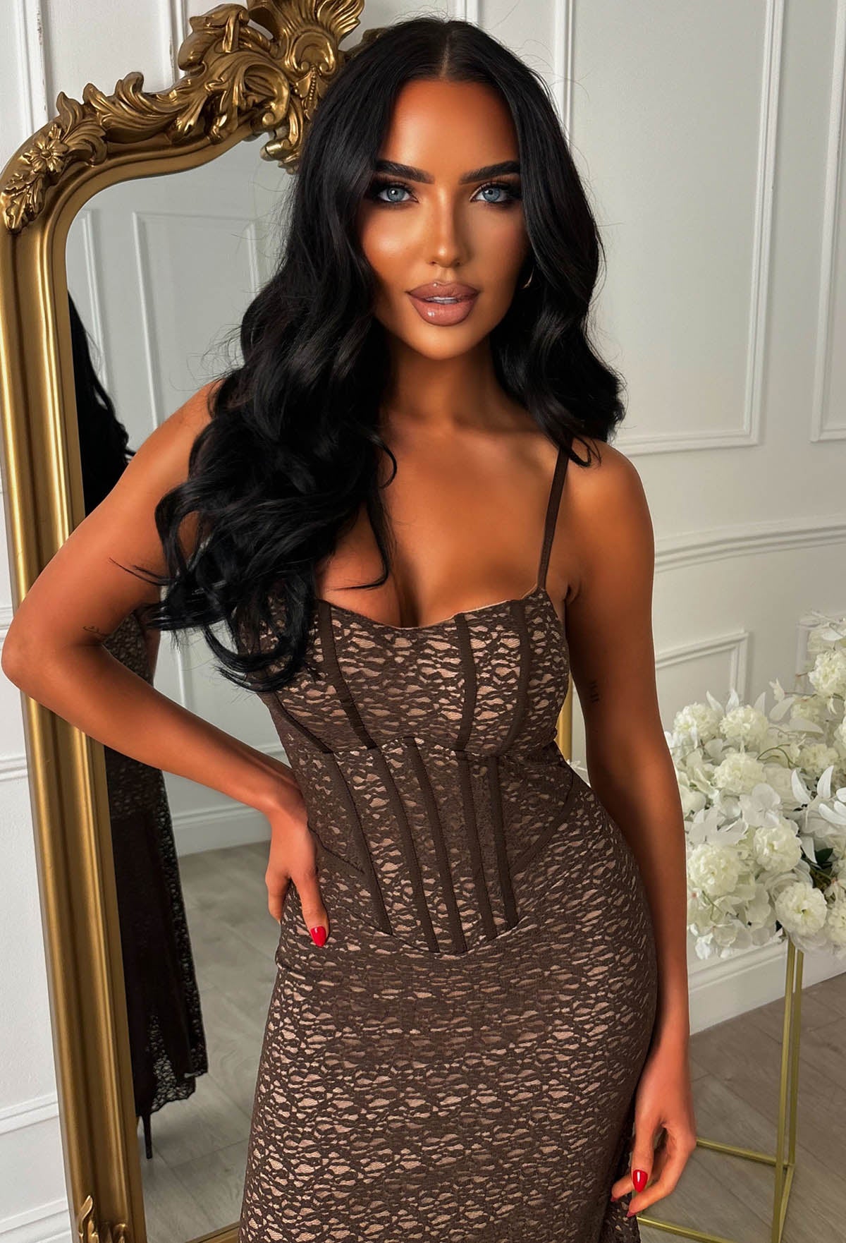 Soft Allure Brown Fitted Lace Maxi Dress