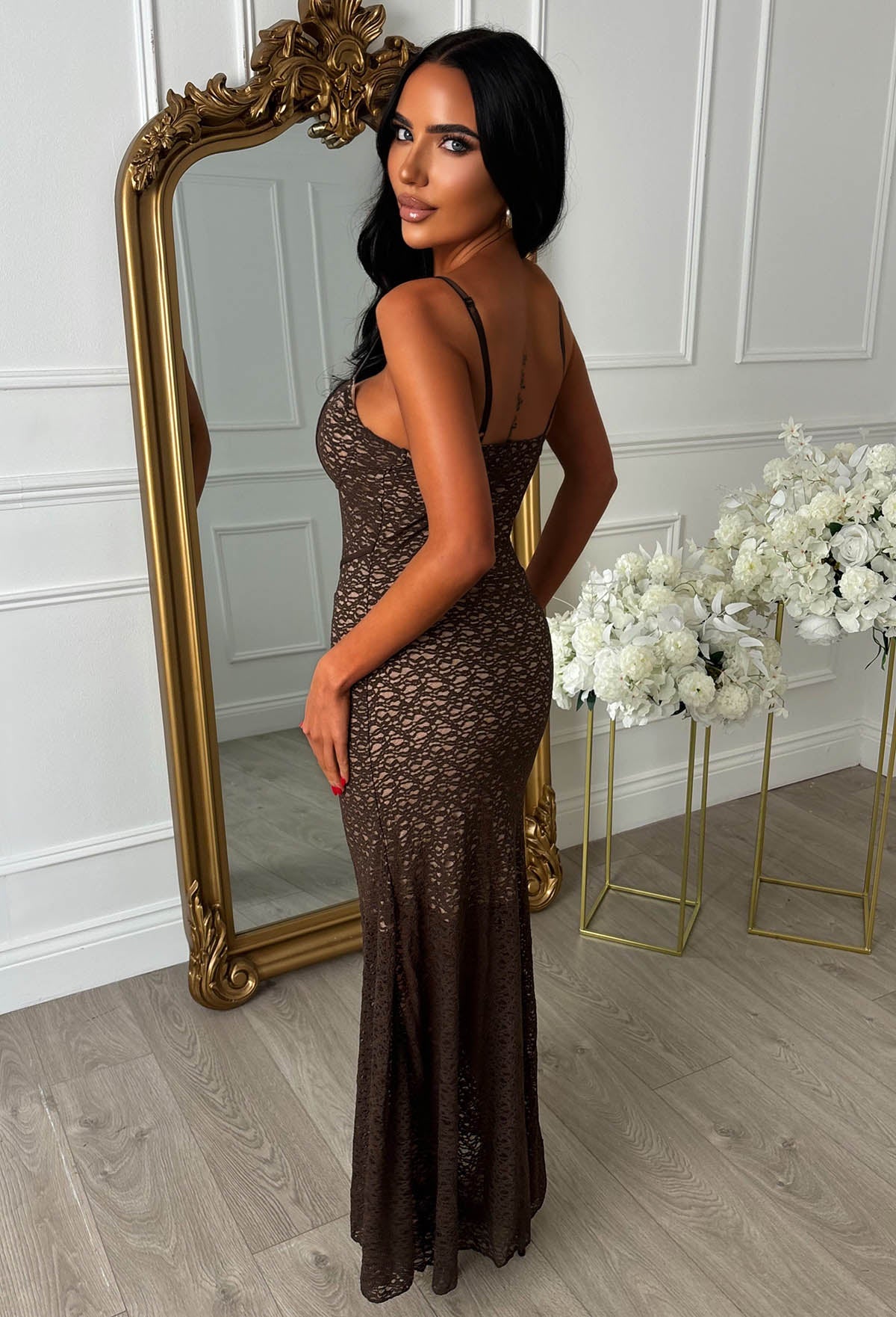 Soft Allure Brown Fitted Lace Maxi Dress