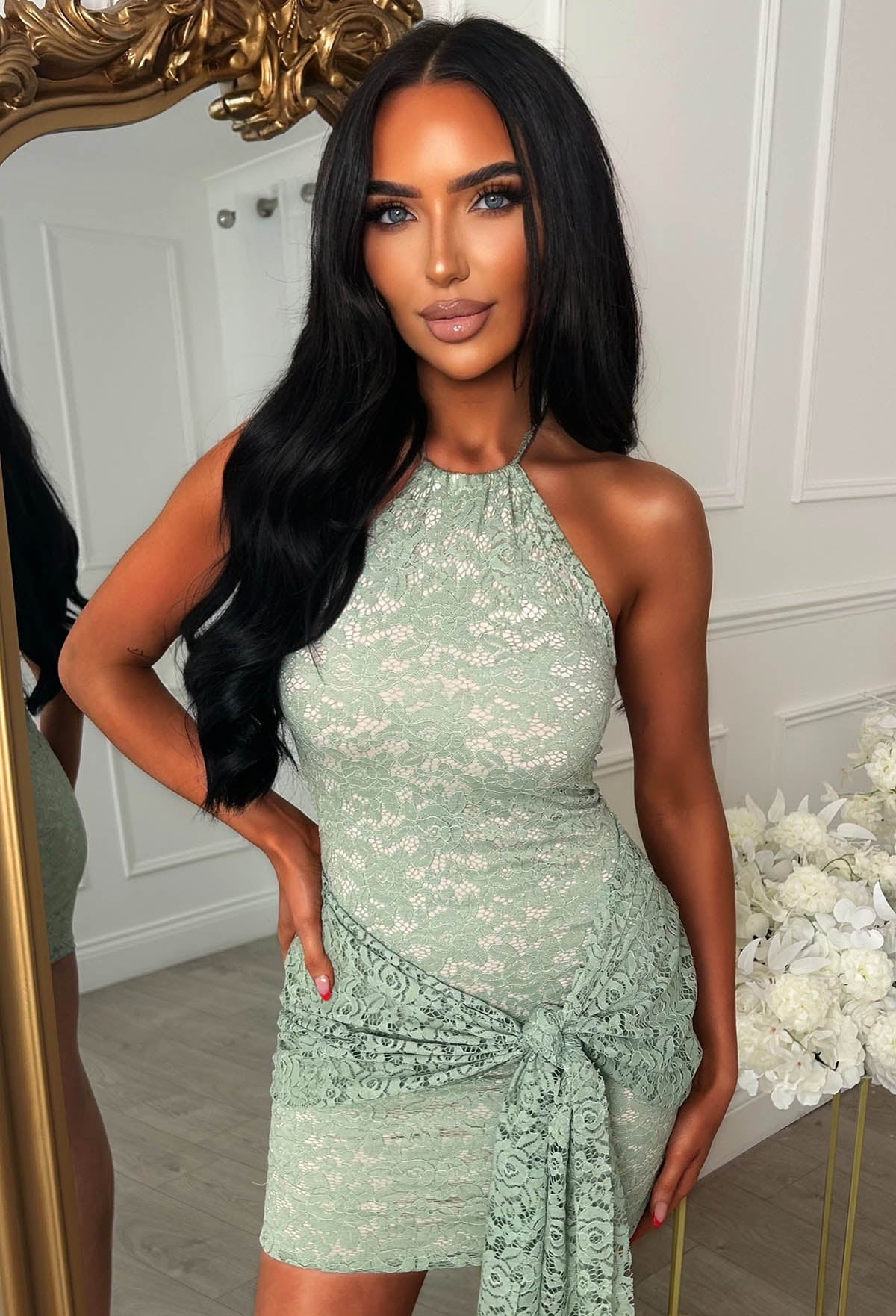 Softly Spoken Sage Lace Sash Halter Mini Dress