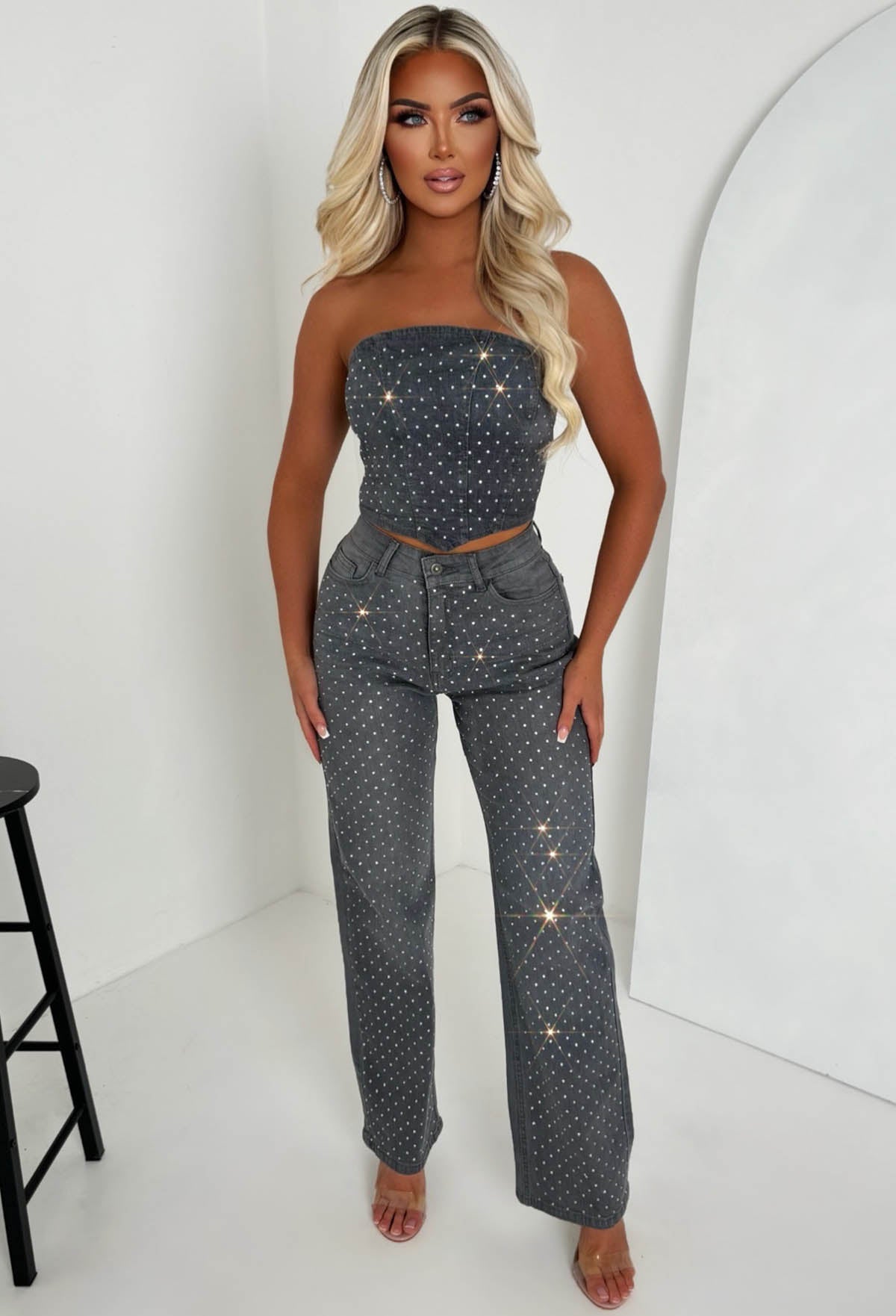 Sparkle Lover Black Stretch Denim Diamante Co-Ord Set