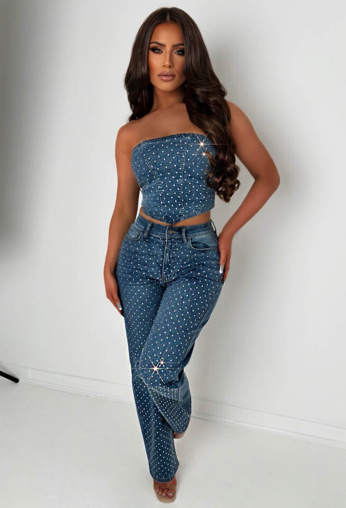 Sparkle Lover Mid Wash Stretch Denim Diamante Co-Ord Set Pink