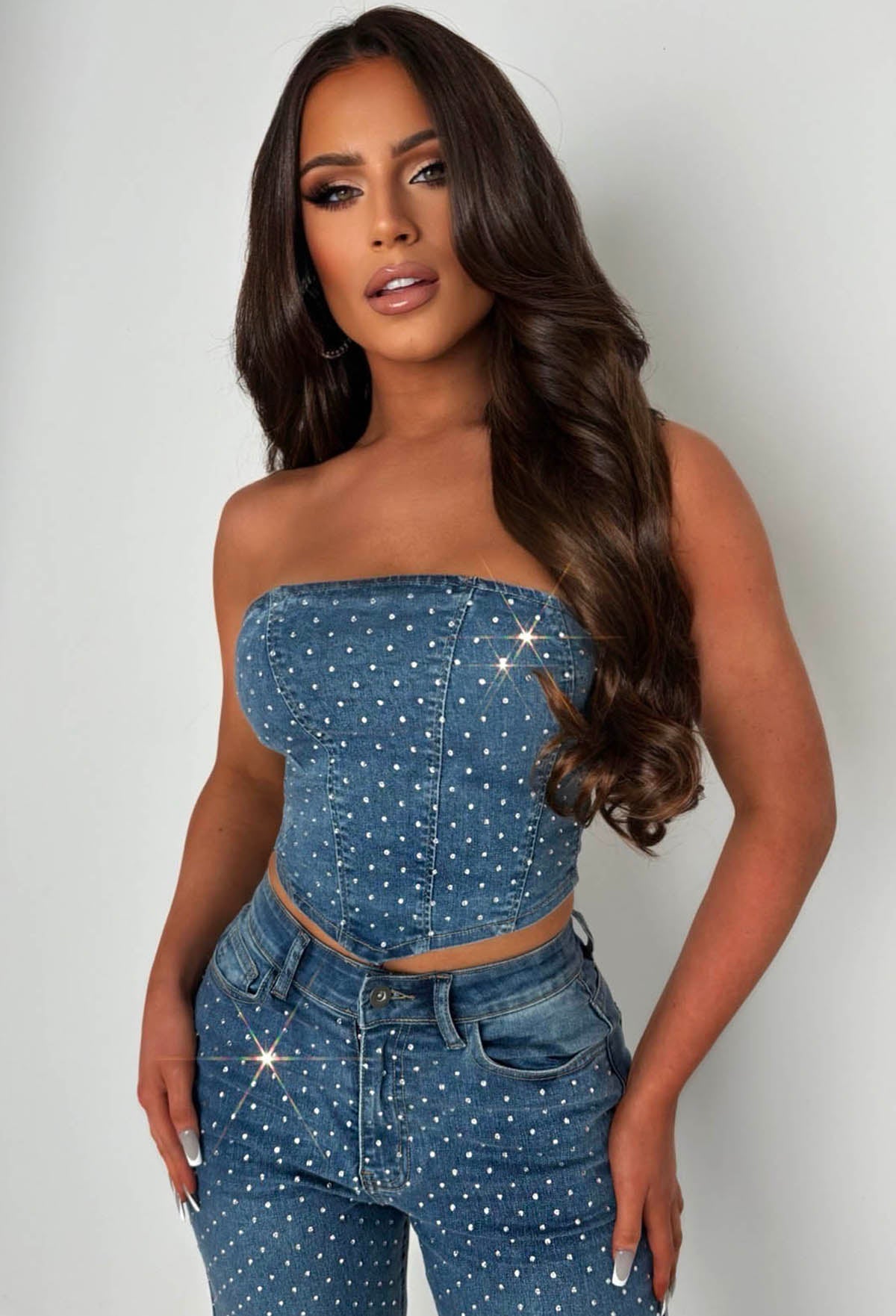 Sparkle Lover Mid Wash Stretch Denim Diamante Co-Ord Set