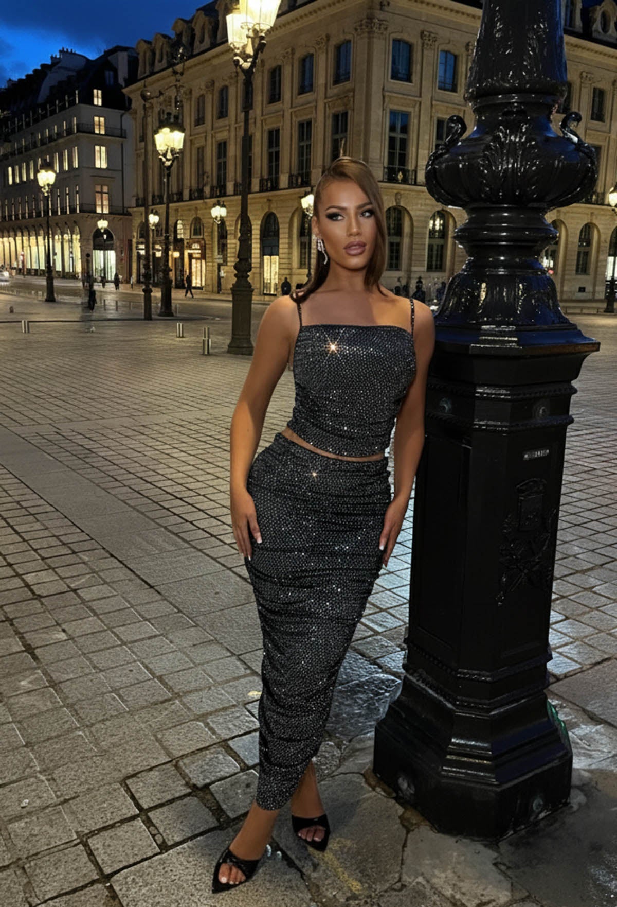 Sparkling Delight Black Sparkle Foil Ruched Midi Skirt Co-ord Set