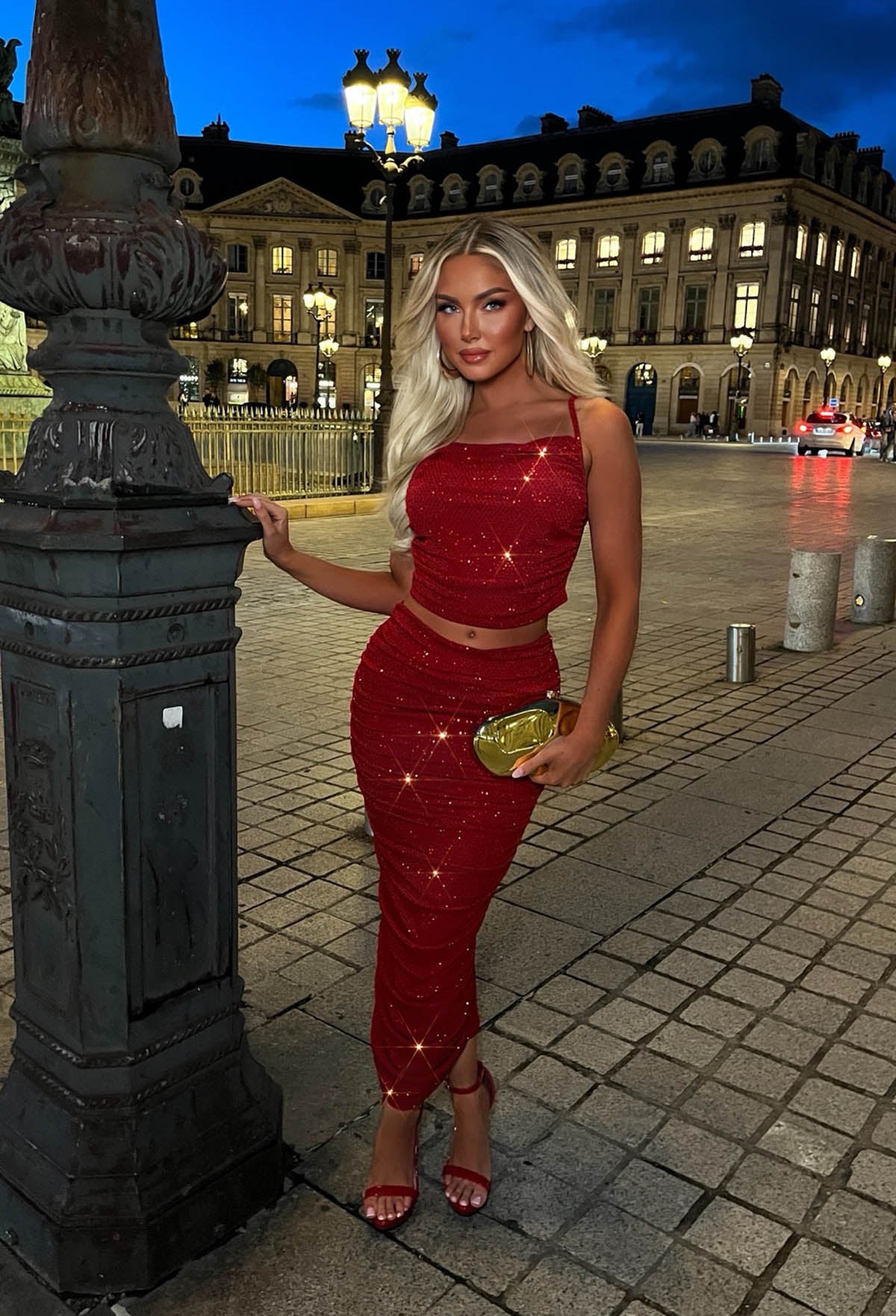 Sparkling Delight Red Sequin Foil Ruched Midi Skirt Co-Ord Set