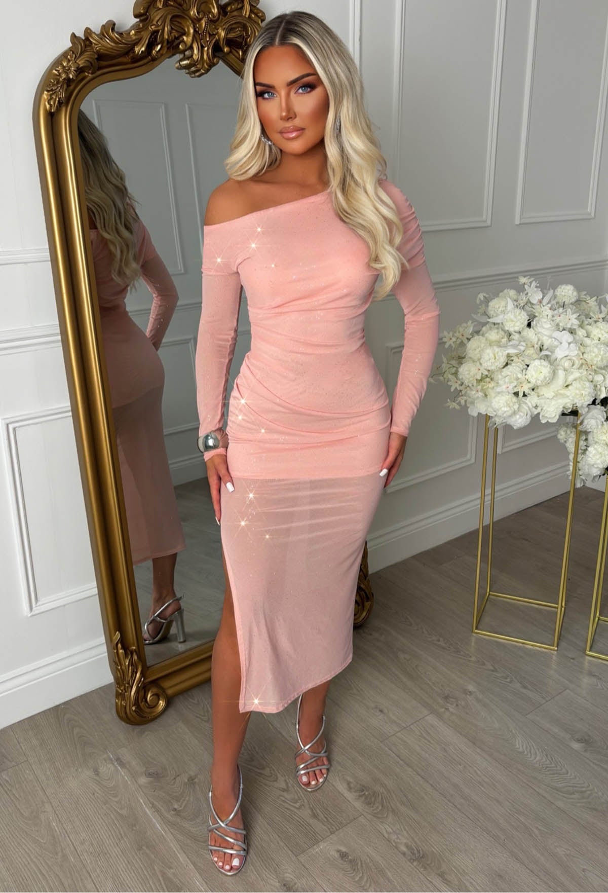 Sparks Fly Pink Off Shoulder Mesh Sparkle Maxi Dress