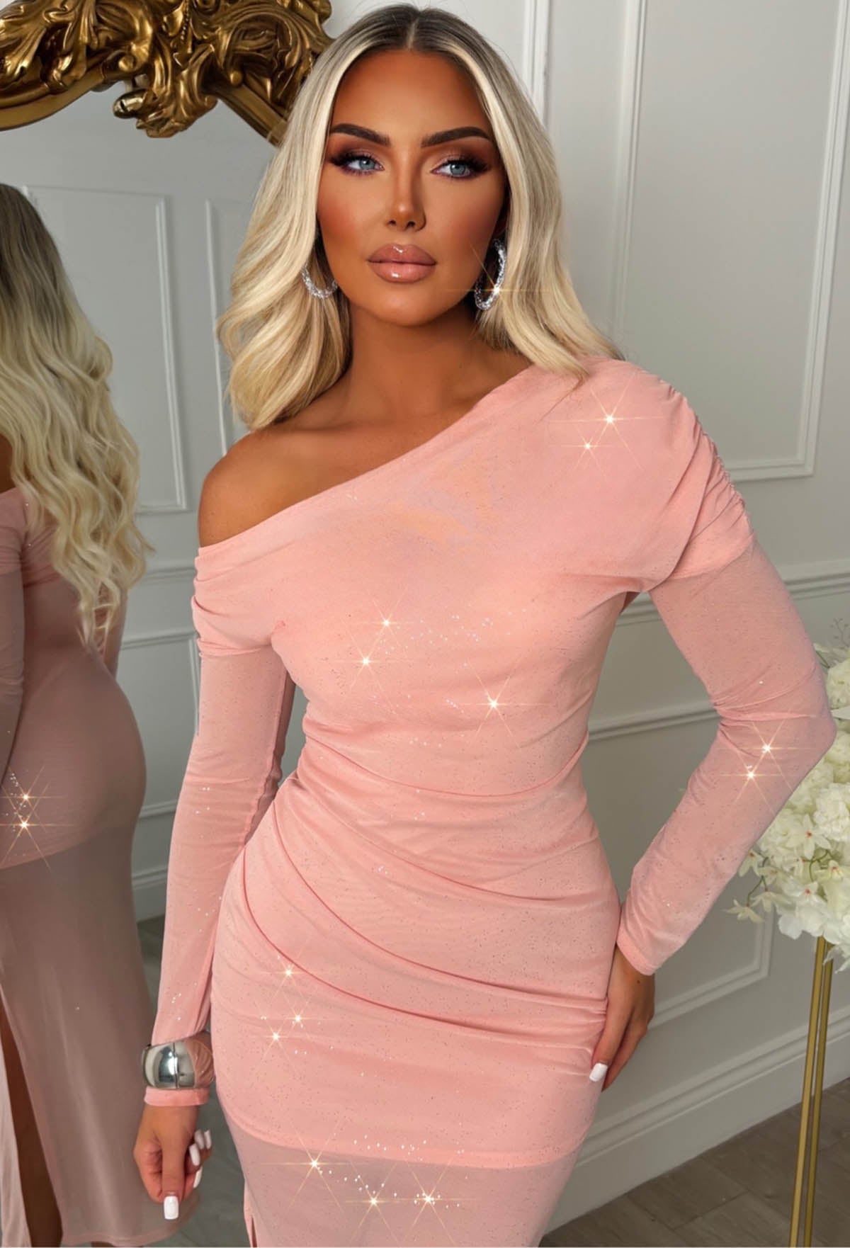 Sparks Fly Pink Off Shoulder Mesh Sparkle Maxi Dress