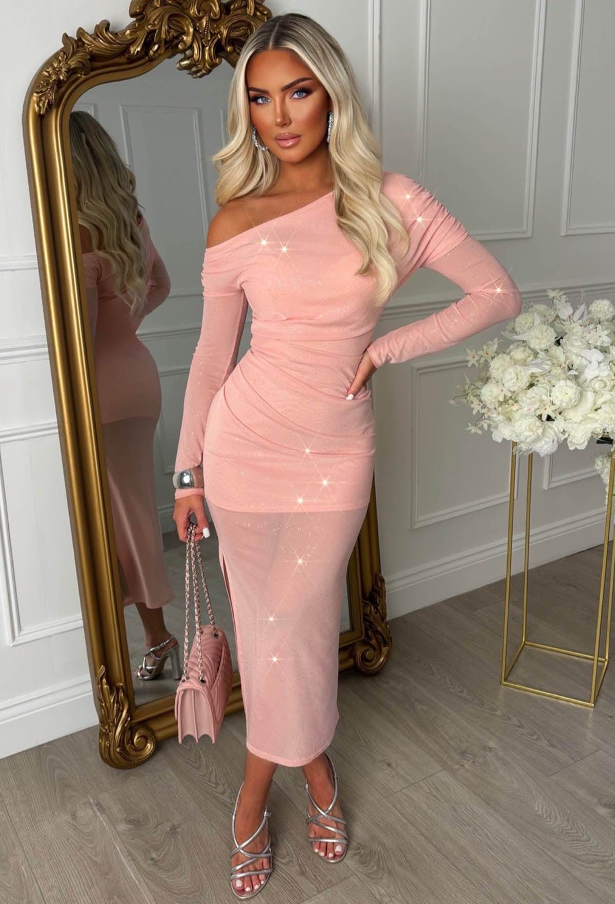 Sparks Fly Pink Off Shoulder Mesh Sparkle Maxi Dress