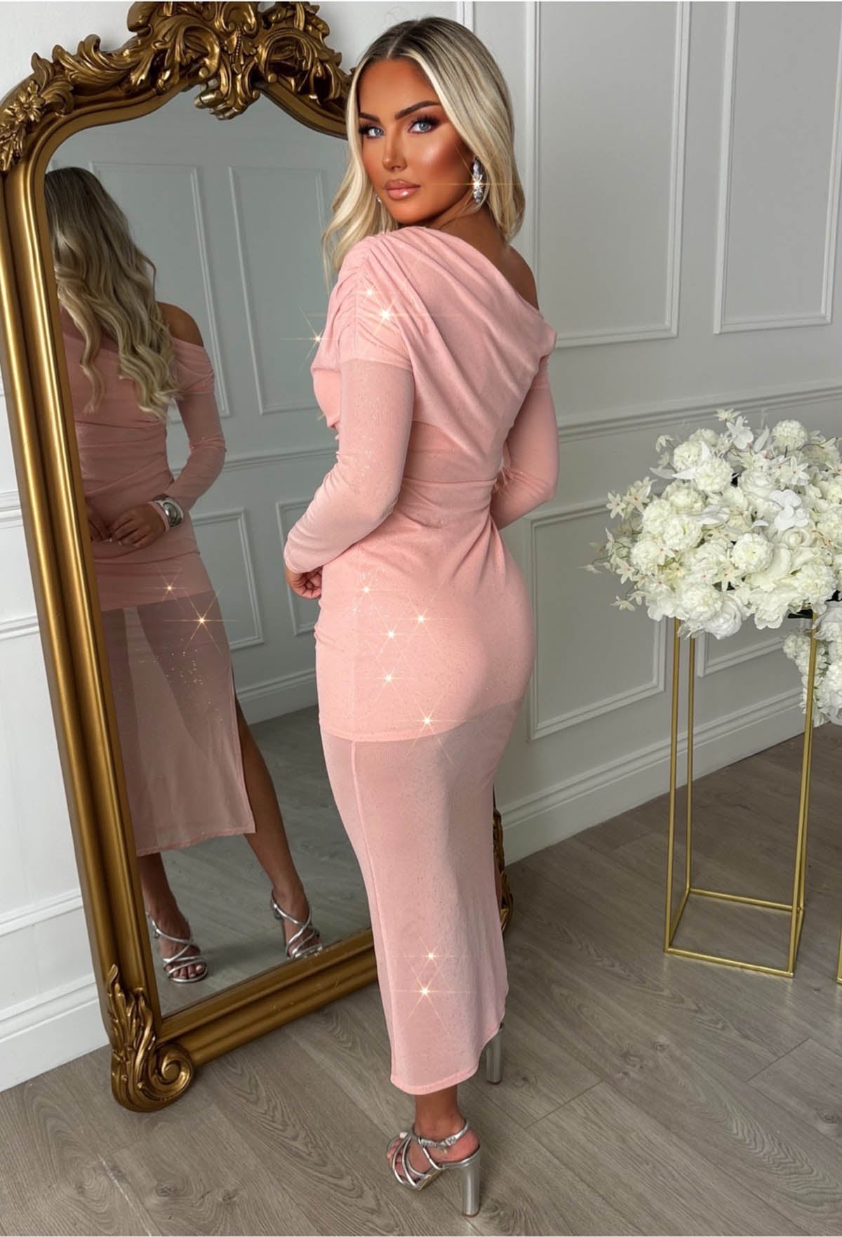 Sparks Fly Pink Off Shoulder Mesh Sparkle Maxi Dress