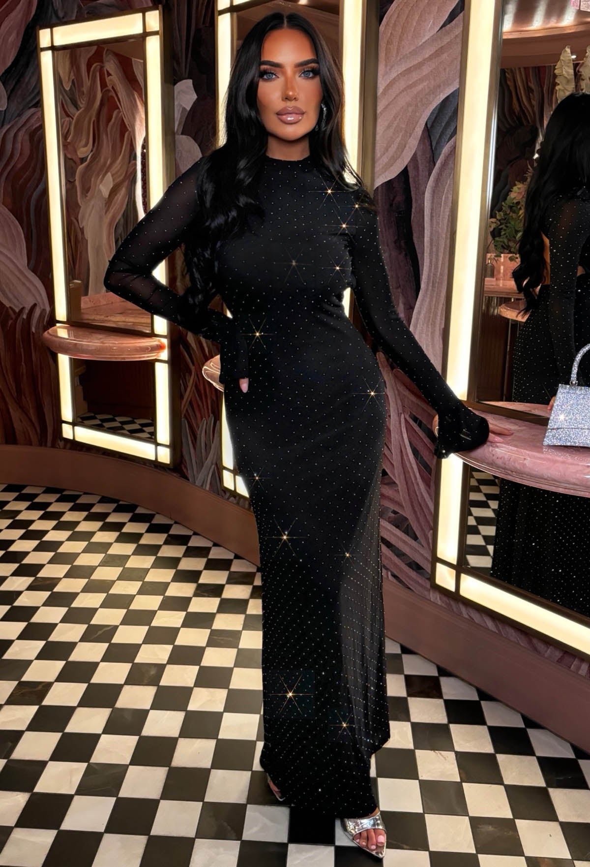 Sparks Will Fly Black Open Back Rhinestone Maxi Dress