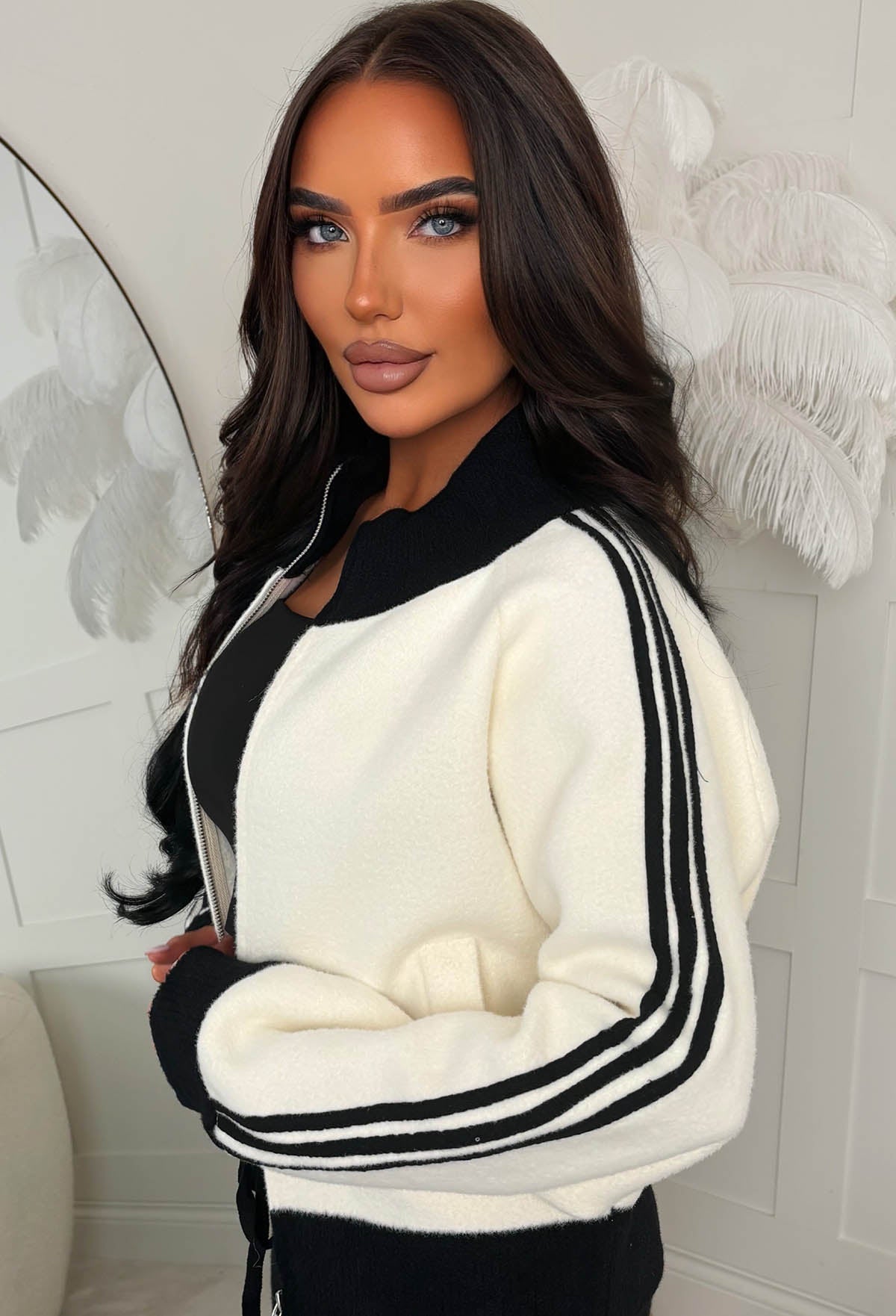 Sporty & Chic Cream Contrast Deep Rib Collared Zip Up Cardigan