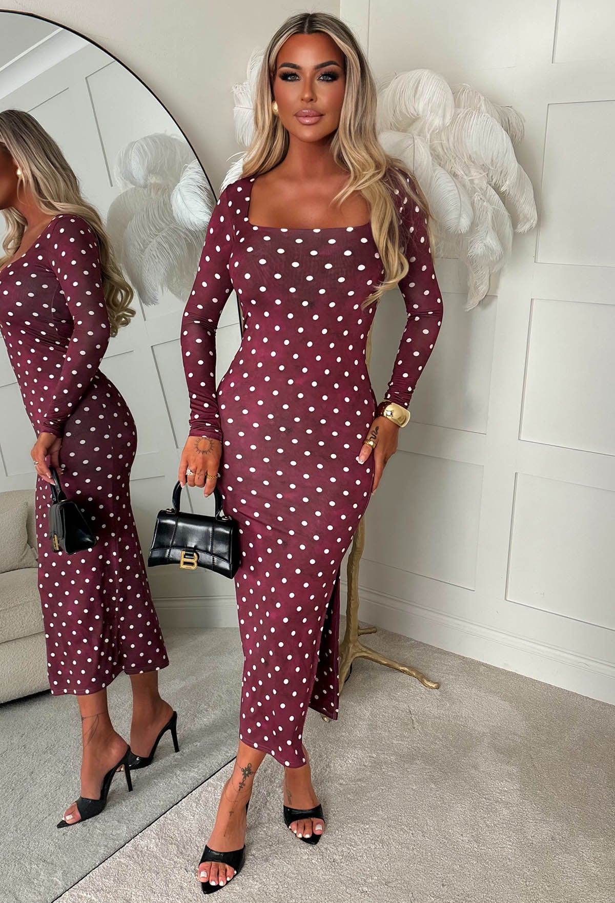 knee length dresses for ladies Berta Navy And White Polka-Dot Square-Neck Midi Dress – Club L London