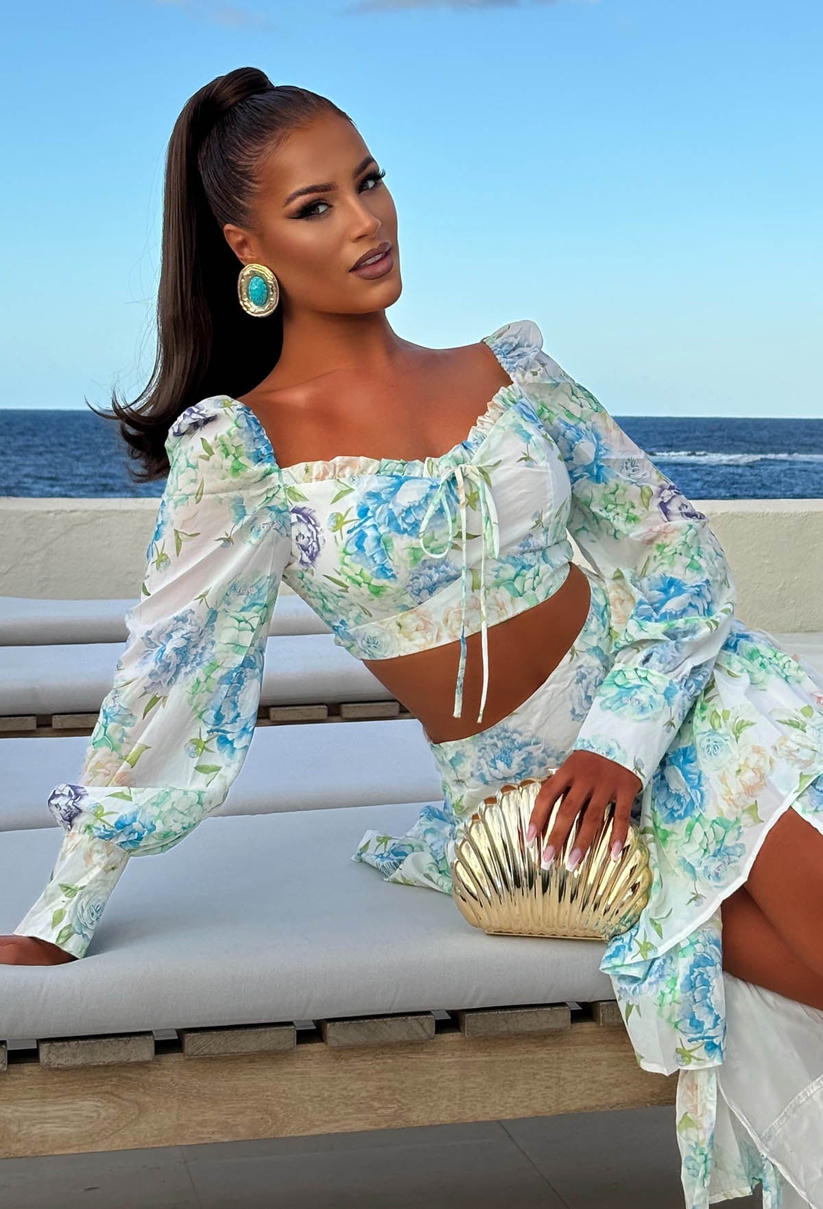 Blue Floral Print Top & Waterfall Skirt Co-ord Set Close Up Front View