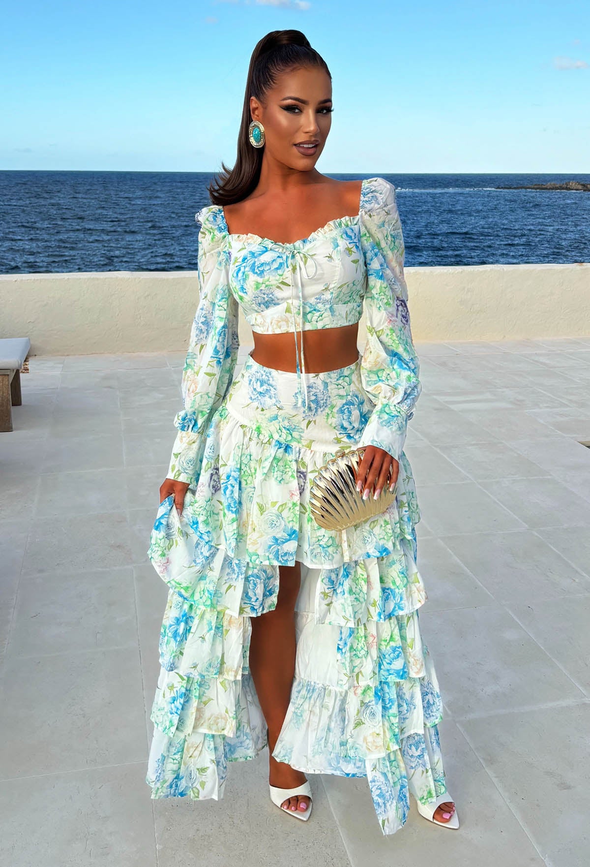 Blue Floral Print Top & Waterfall Skirt Co-ord Set Full Length Front View