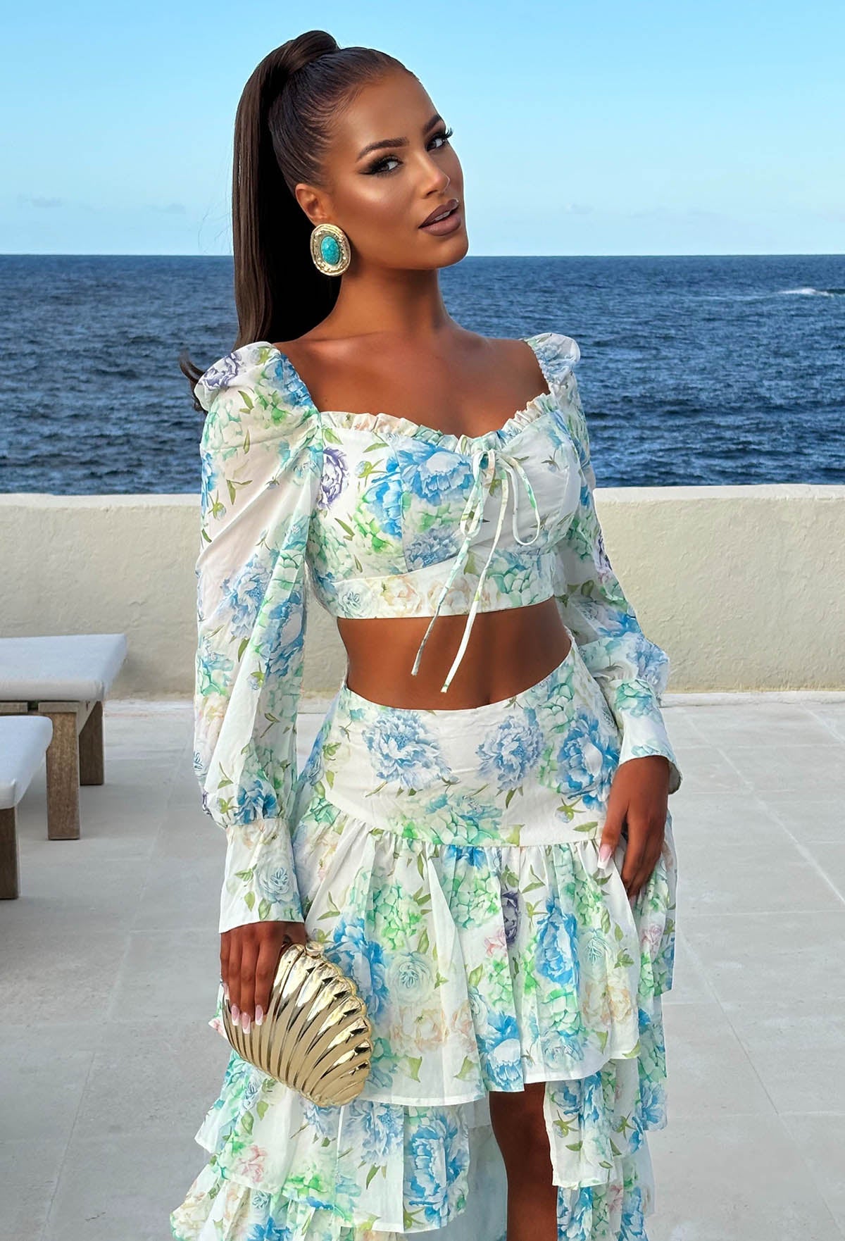 Blue Floral Print Top & Waterfall Skirt Co-ord Set Close Up Front View