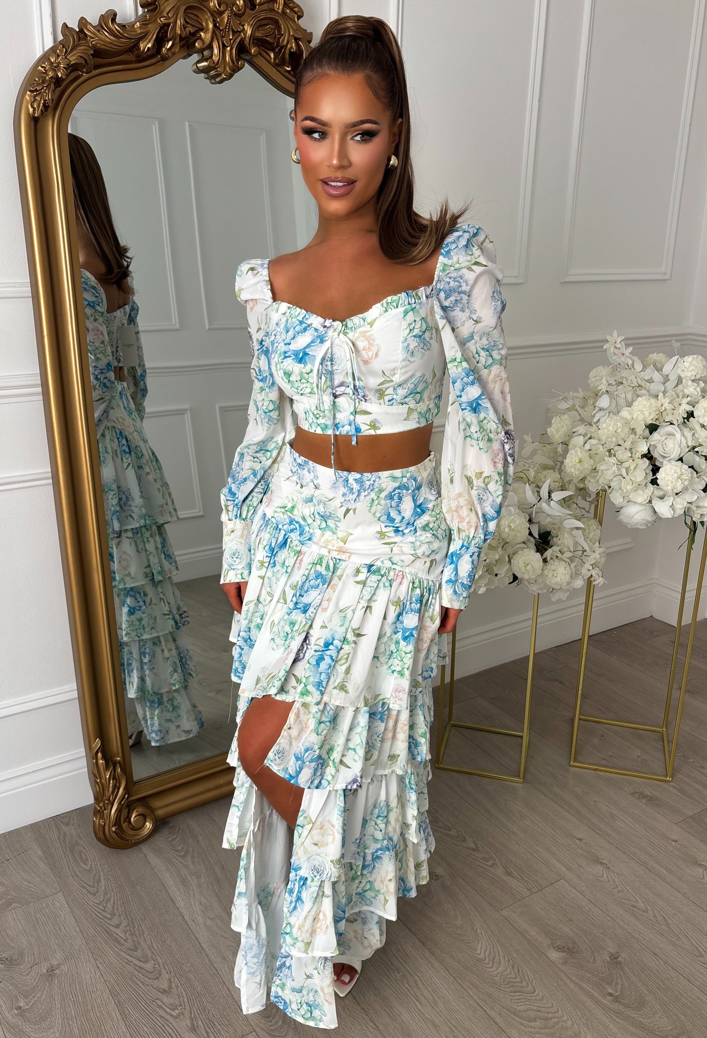 Spring Into Style Blue Floral Print Waterfall Skirt Co-ord Set