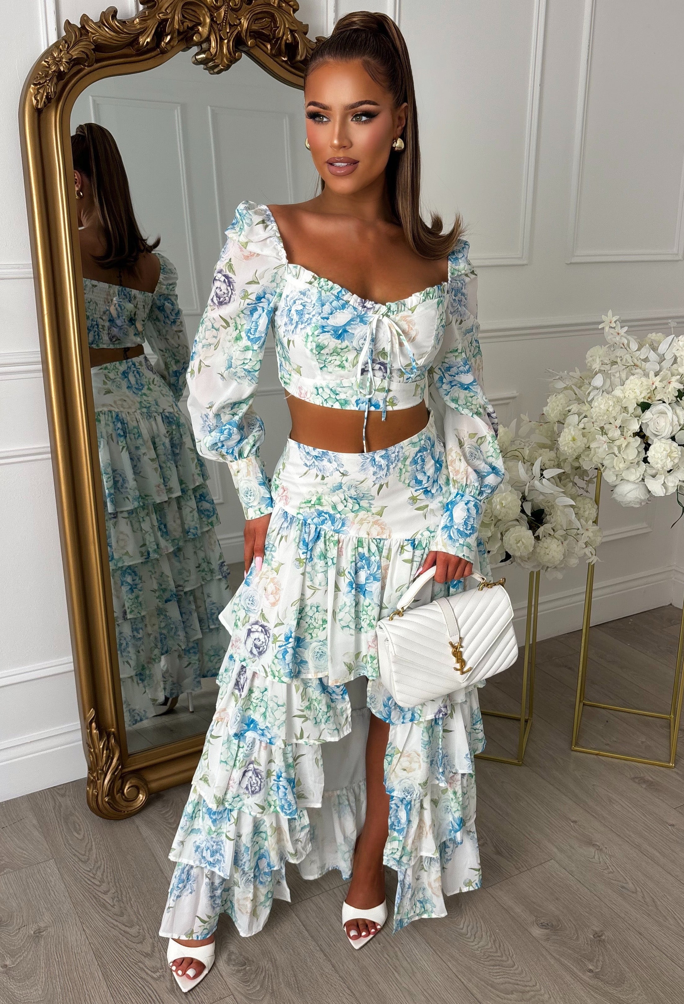 Spring Into Style Blue Floral Print Waterfall Skirt Co-ord Set