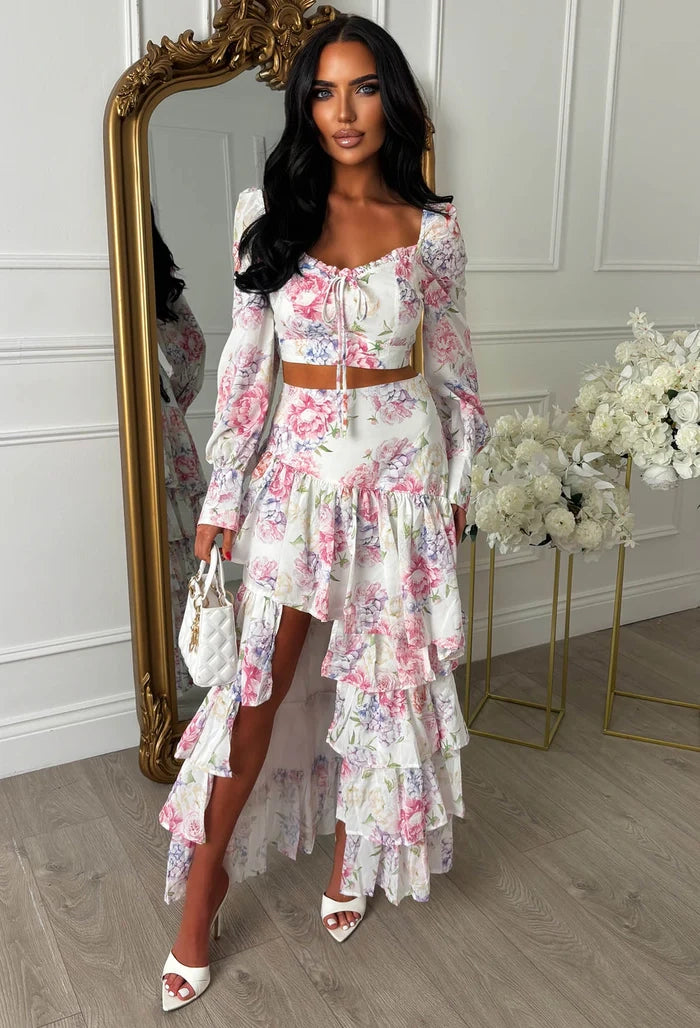 Spring Into Style Pink Floral Print Waterfall Skirt Co-Ord Set