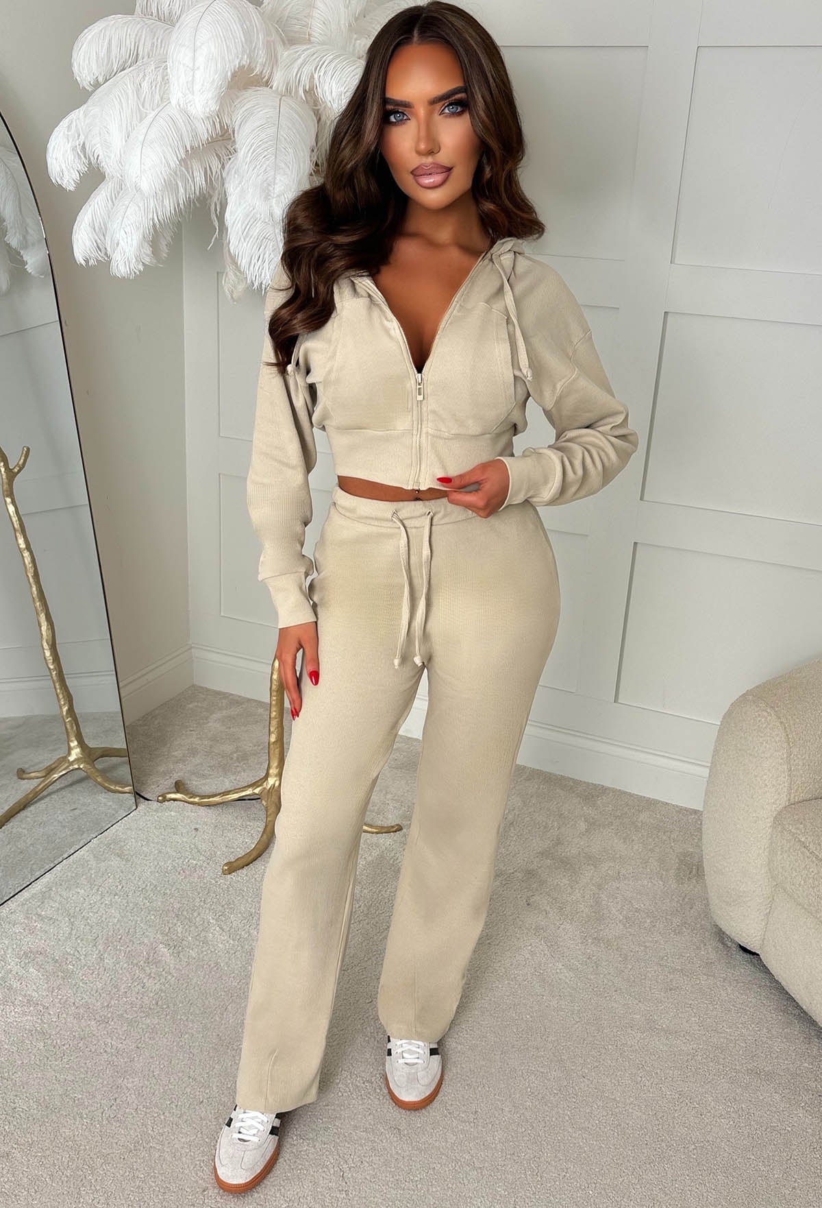 Tracksuit Zara Beige Joggers Set Women's Crop Hoodie And Flared