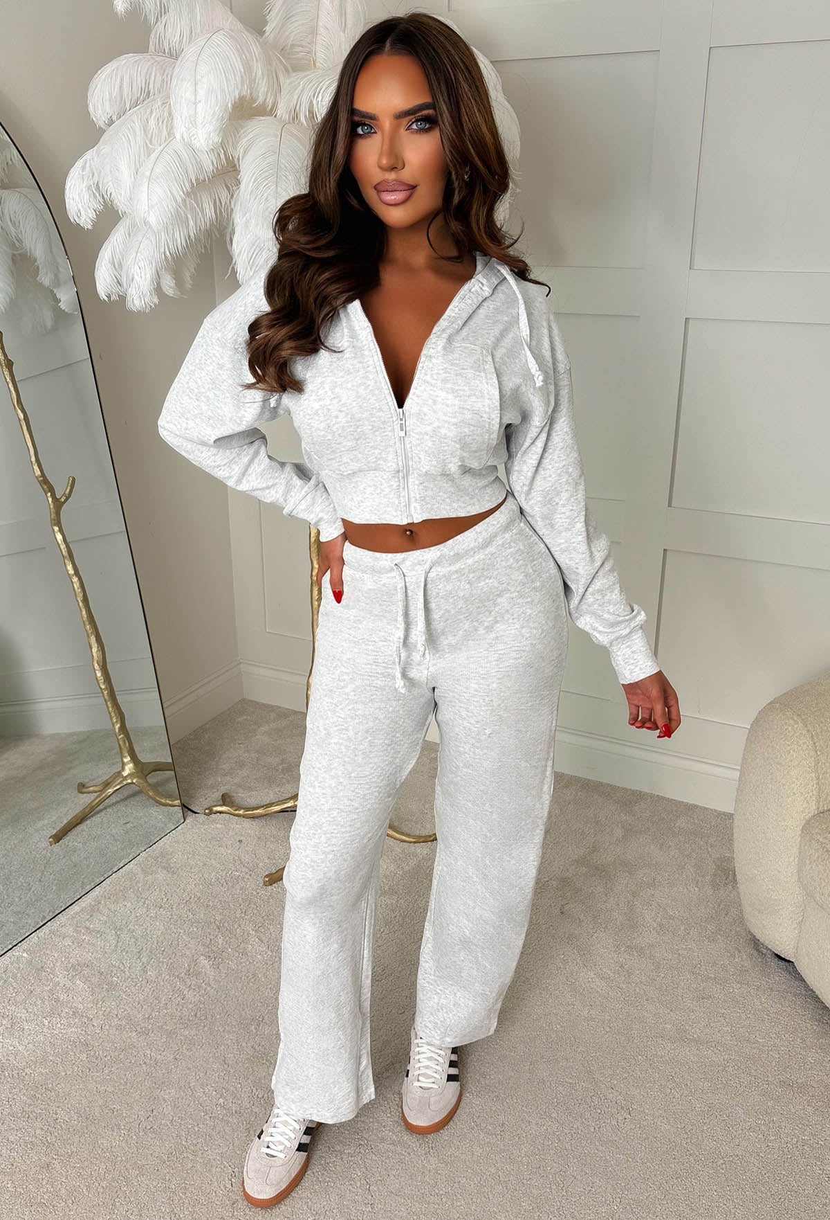 Stay Cool Grey Marl Cropped Zip Hoodie & Trouser Set