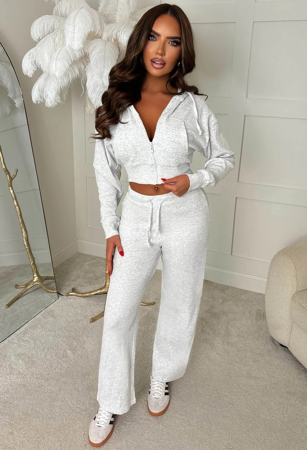 Stay Cool Grey Marl Cropped Zip Hoodie & Trouser Set | Pink Boutique