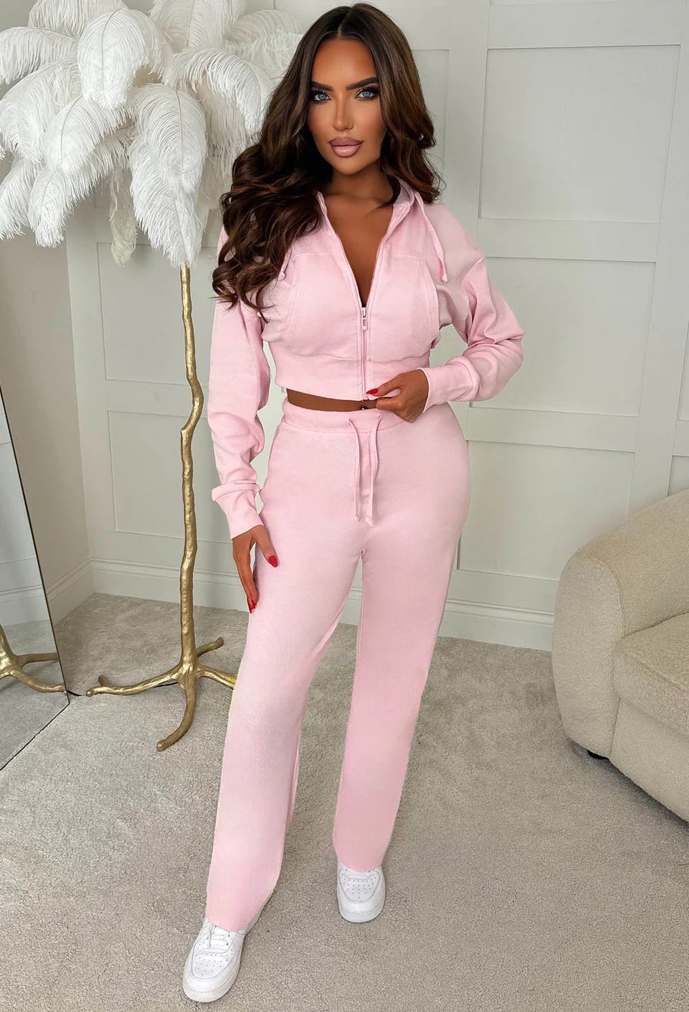 Stay Cool Pink Cropped Zip Hoodie & Trouser Set