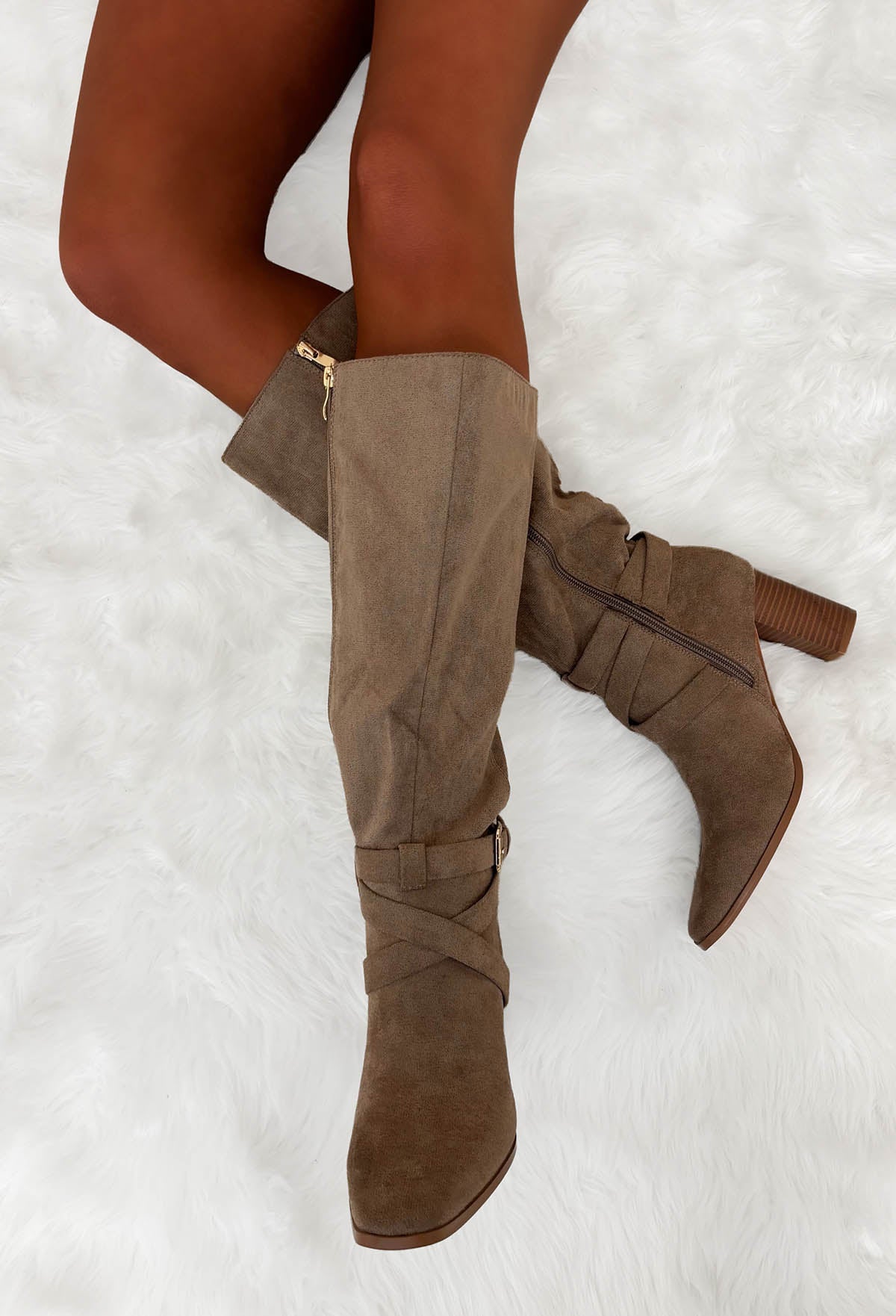 Step Aside Beige Faux Suede Buckled Block Heel Boots