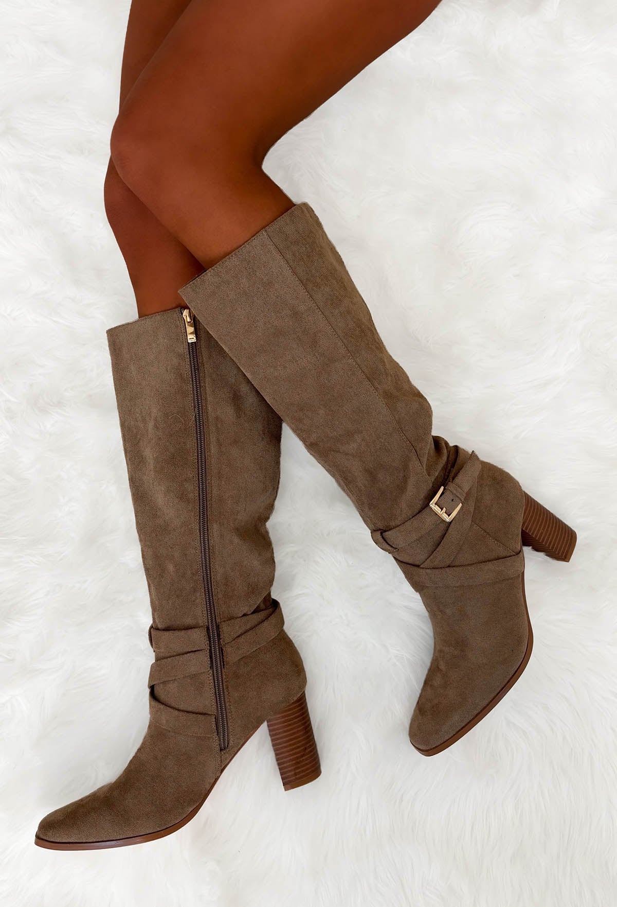 Step Aside Beige Faux Suede Buckled Block Heel Boots