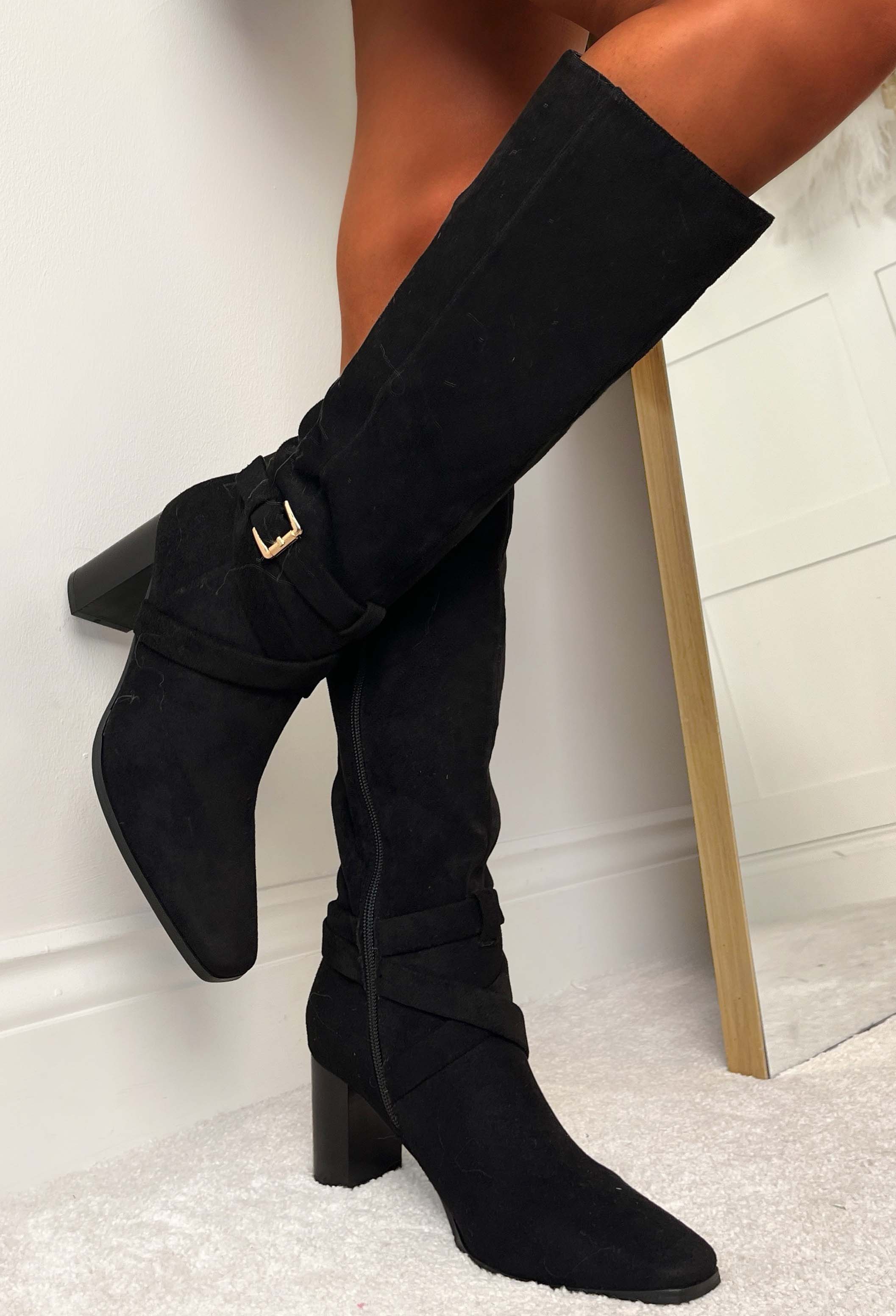 Step Aside Black Faux Suede Buckled Block Heel Boots