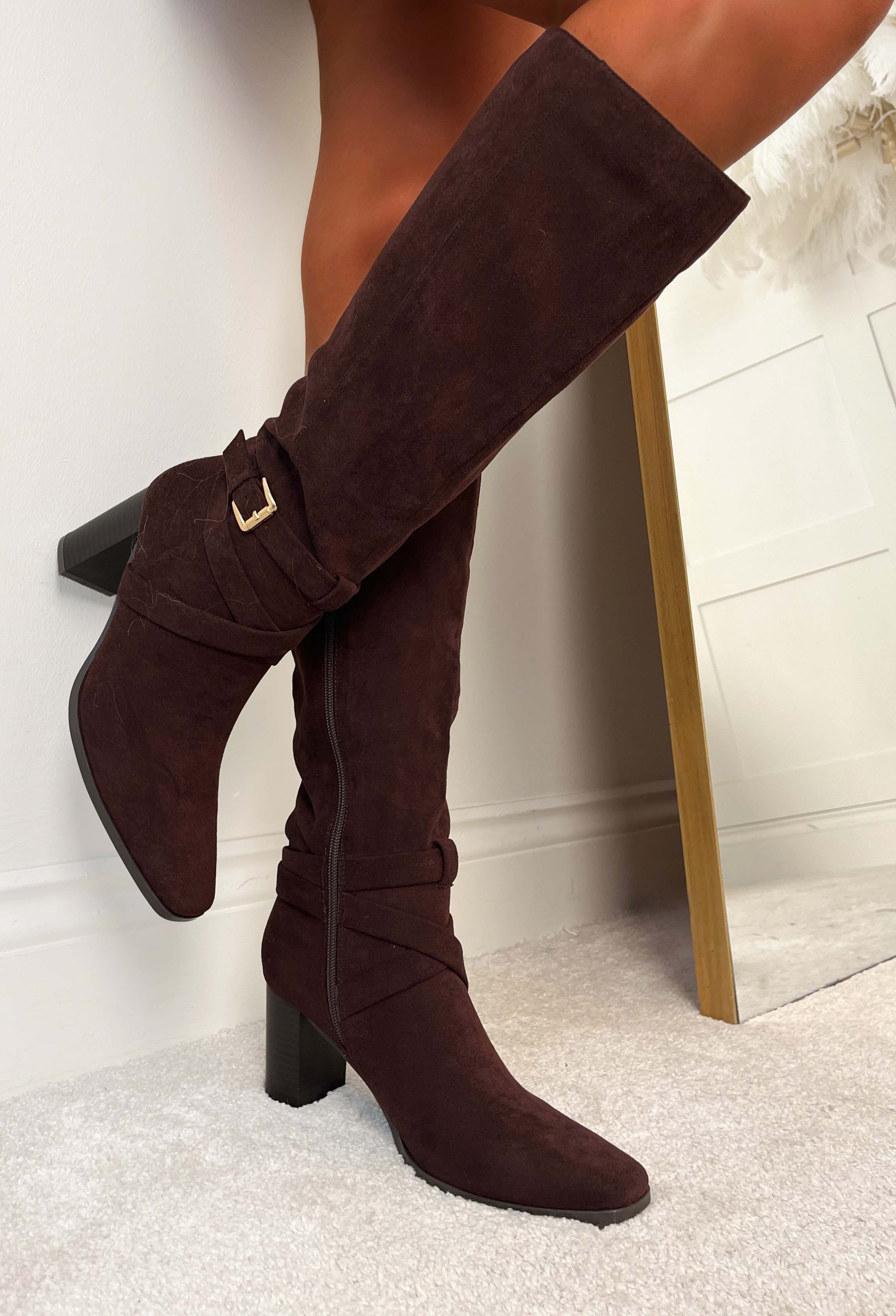 Step Aside Brown Faux Suede Buckled Block Heel Boots